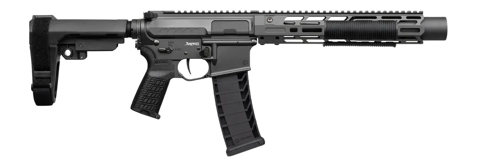 CMMG 94A68CD-TNG Zeroed Banshee Mk4 9mm Luger 33+1 6.50" Black Nitride Threaded Barrel, Tungsten Cerakote Aluminum Receiver w/Picatinny Rail, M-LOK Handguard, Black Polymer CMMG RipBrace, CMMG Zeroed