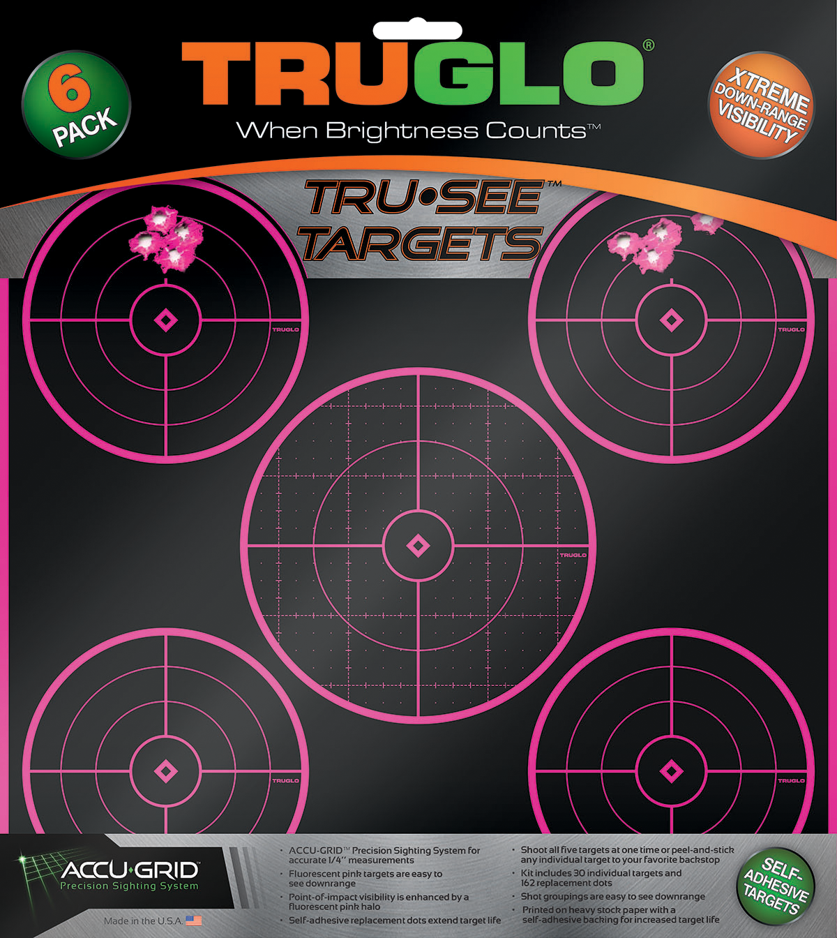 TruGlo TG11P6 Tru-See 5-Bull Target Self-Adhesive Heavy Paper Black/Pink 12"x12" 6 Pack