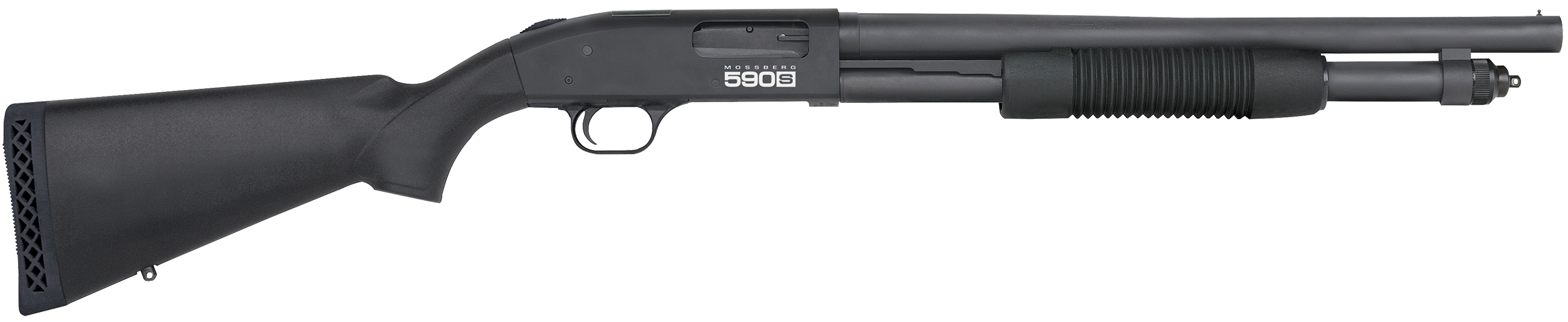Mossberg 51605 590S 12 Gauge Pump 3" 9+1 18.50" Matte Blued Steel Barrel, Matte Blued Optic Ready Receiver, Fixed Black Synthetic Stock, Right Hand
