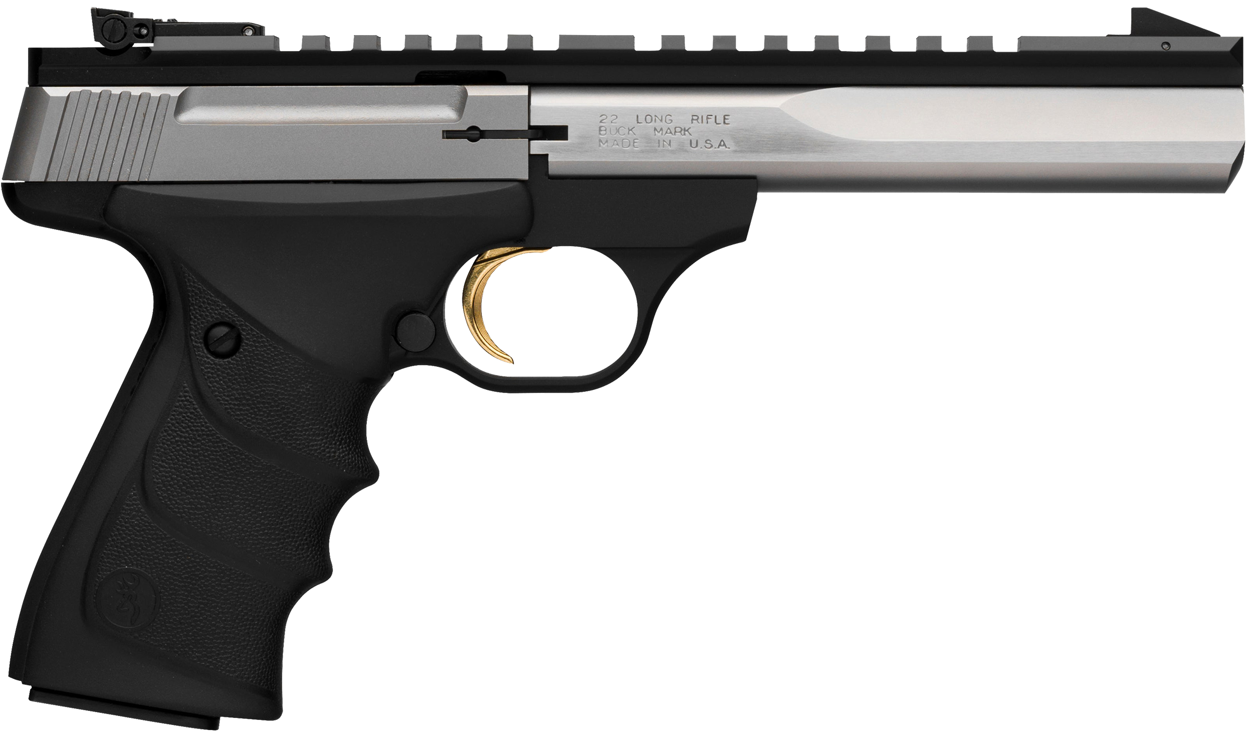 Browning 051507490 Buck Mark Contour 22 LR 10+1, 5.50" Polished Flats Contoured Barrel, Matte Stainless Serrated w/Picatinny Rail Slide, Matte Black Anodized Frame, Black URX Grip, Ambidextrous