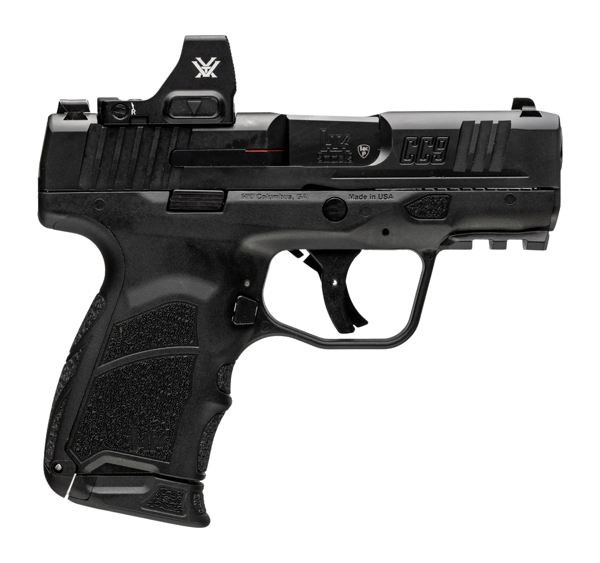 HK 81001354 CC9 w/Optic Micro Compact 9mm Luger 12+1 3.32" Black Barrel, Black Steel Serrated w/Optic Slide, Black Polymer Frame w/Picatinny Rail, Interchangeable Backstrap Grip, Vortex CCW