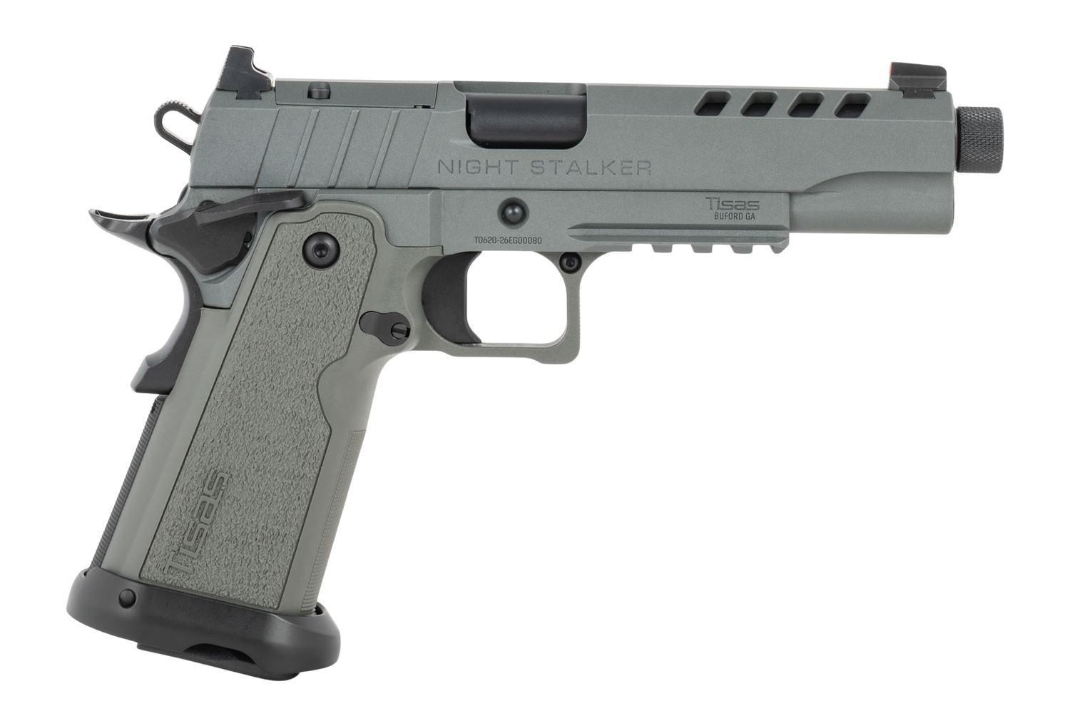 Tisas Arms 12500006 1911 Night Stalker 9mm Luger 17+1 5.30" Threaded Barrel, Gray Cerakote Carbon Steel Optic Cut/Serrated Slide & Frame w/Picatinny Rail, Polymer Grip