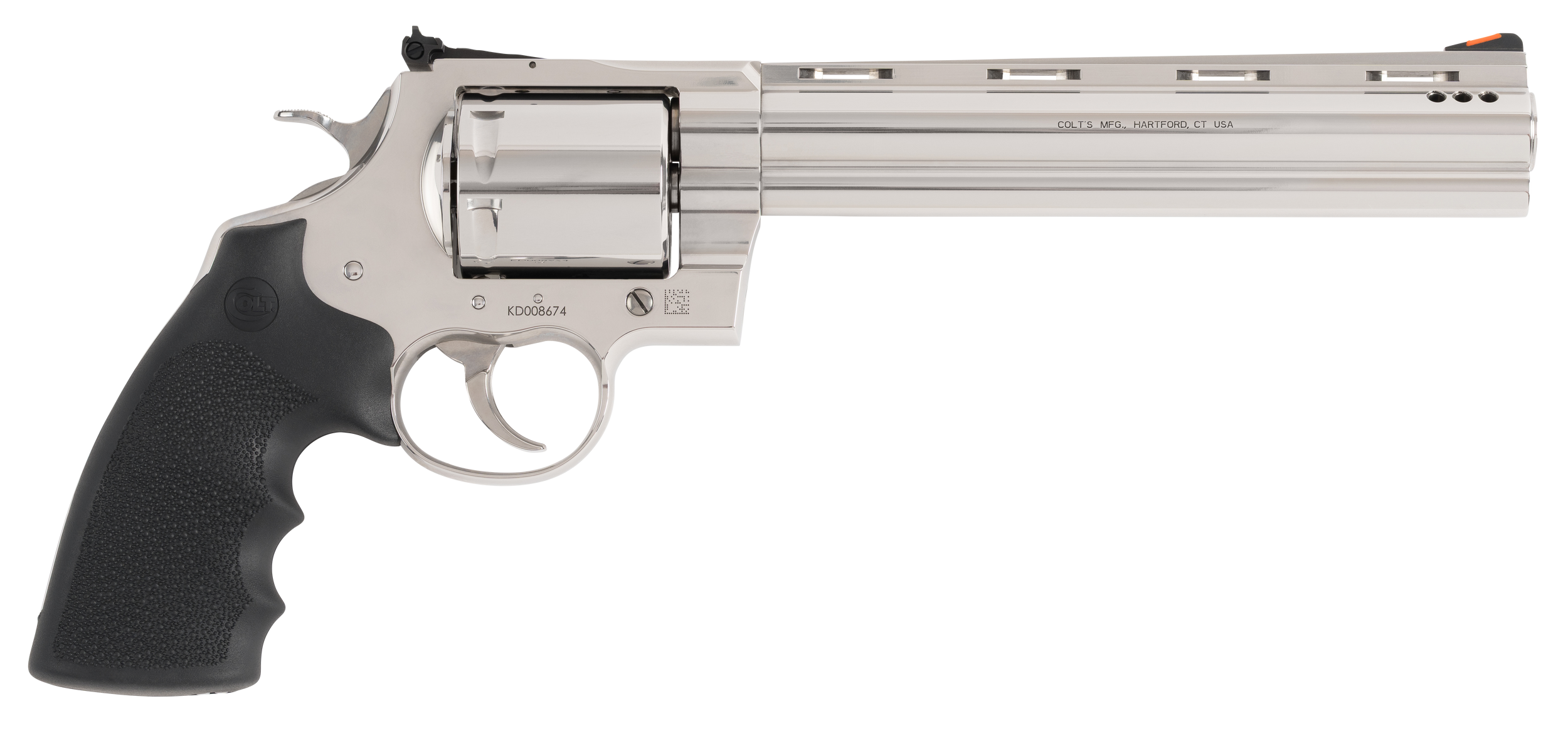 Colt Mfg KODIAKSP8RTS Kodiak  44 Mag 6 Shot 8" Stainless Ported Vent Rib Barrel, Stainless Unfluted Cylinder & Stainless Steel Frame, Black Rubber Grip, Exposed Hammer