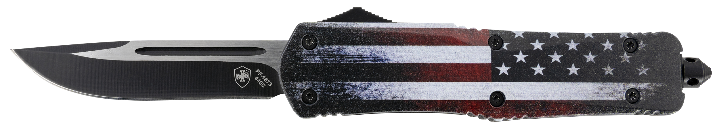Templar Knife LUS331 Gen II US Flag Large 3.50" OTF Drop Point Plain Black Oxide Stonewashed 440C SS Blade, 5.25" US Flag Aluminum Handle, Glass Breaker