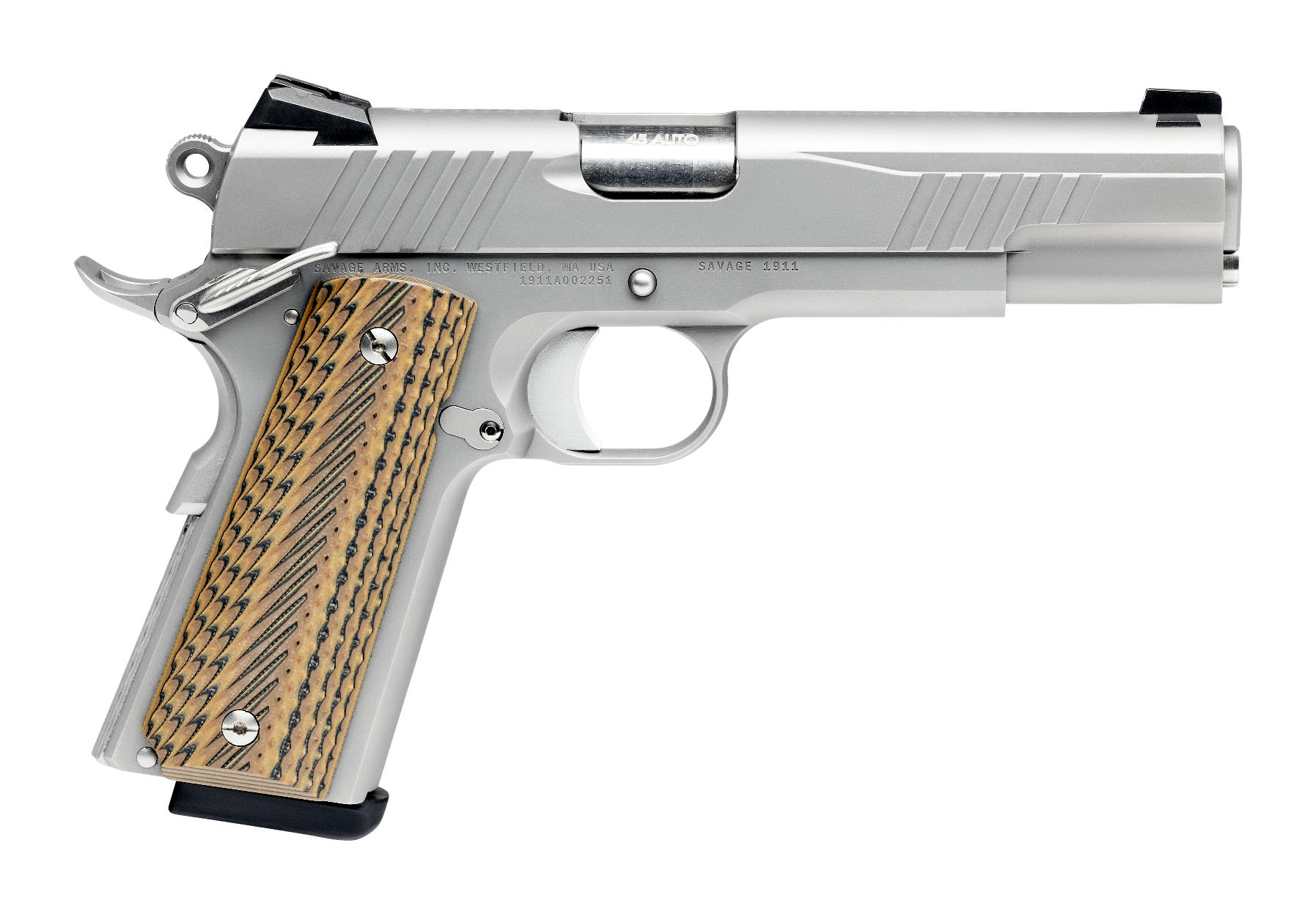 Savage Arms 67202 1911 Government 45 ACP 8+1 5" Stainless Steel Target Crown Barrel, Stainless Steel Serrated Slide, Matte Stainless Steel Frame w/Beavertail, Ambidextrous
