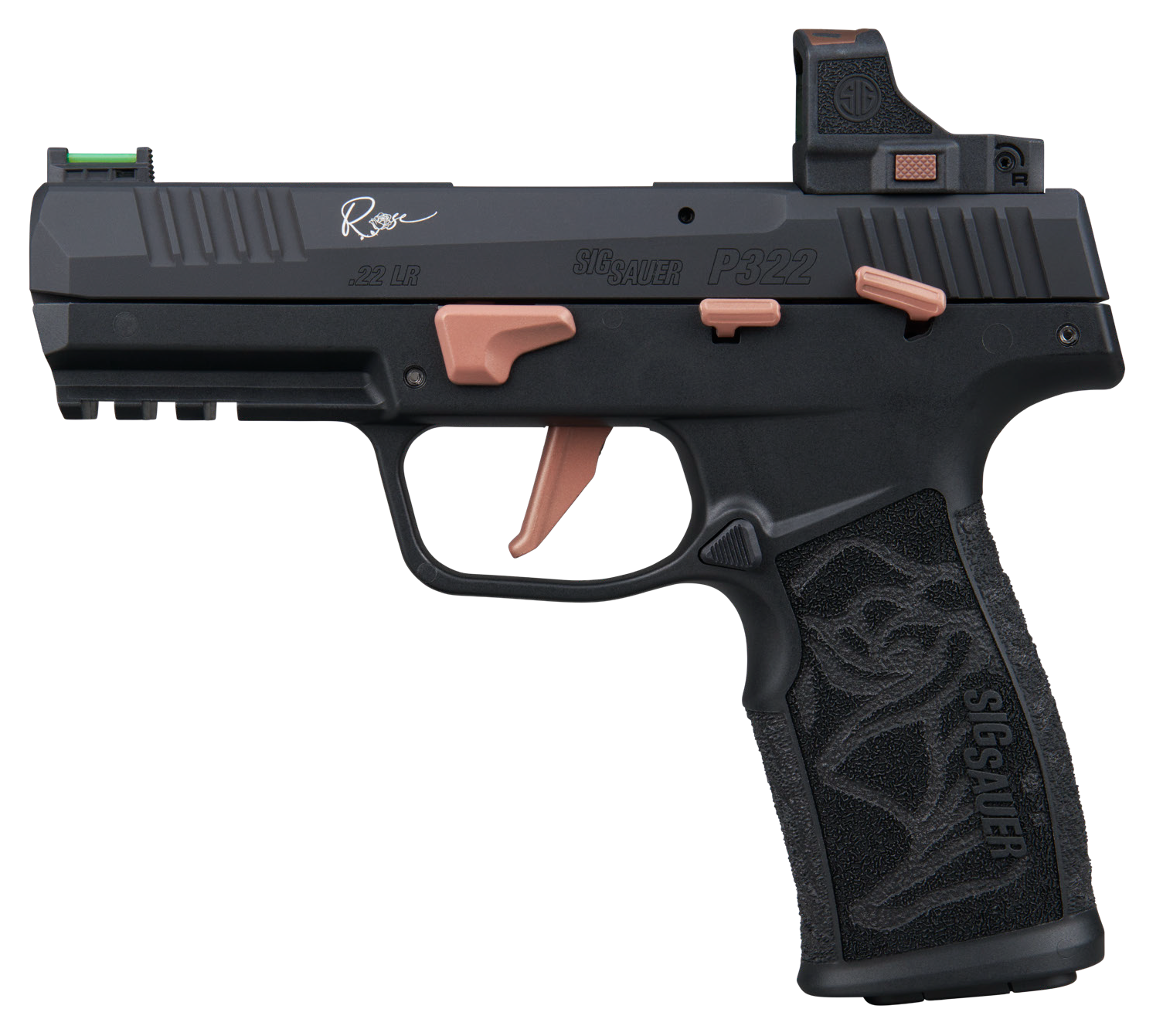 Sig Sauer 322CROSERS P322 Rose w/Optic 22 LR 20+1 4" Black Barrel, Black Anodized Serrated w/Optic Slide, Black Stainless Steel Frame w/Picatinny Rail, Rose Laser Engraved Black Polymer Grip, Sig ROME