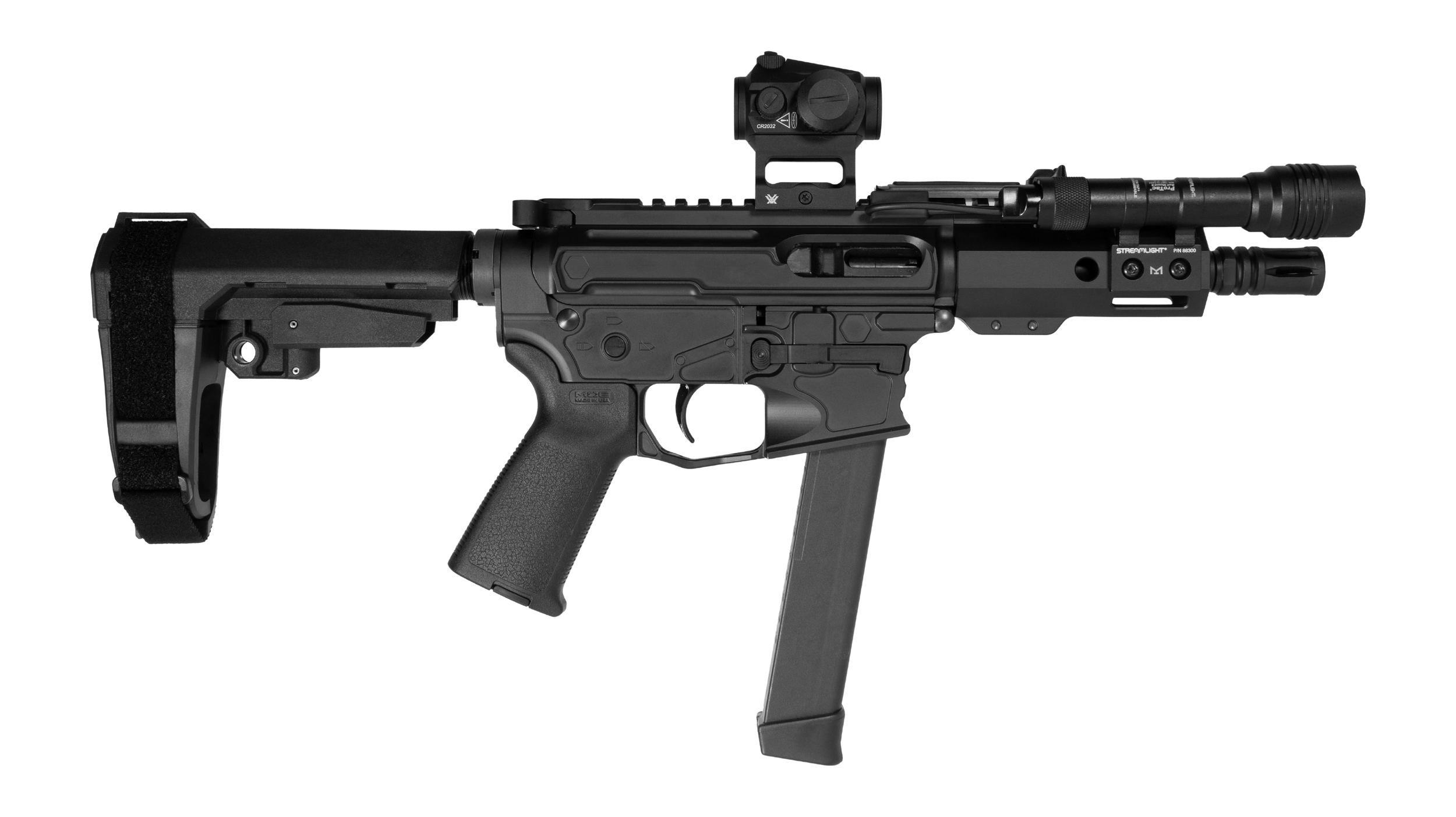 Shark Coast Tactical MNPCC00672 Midnight Bundle 9mm Luger 30+1 5" Threaded Barrel, Aluminum Receiver w/Picatinny Rail. M-LOK Handguard, Polymer SB Tactical SBA3 Brace, Vortex Crossfire Red Dot, Stream