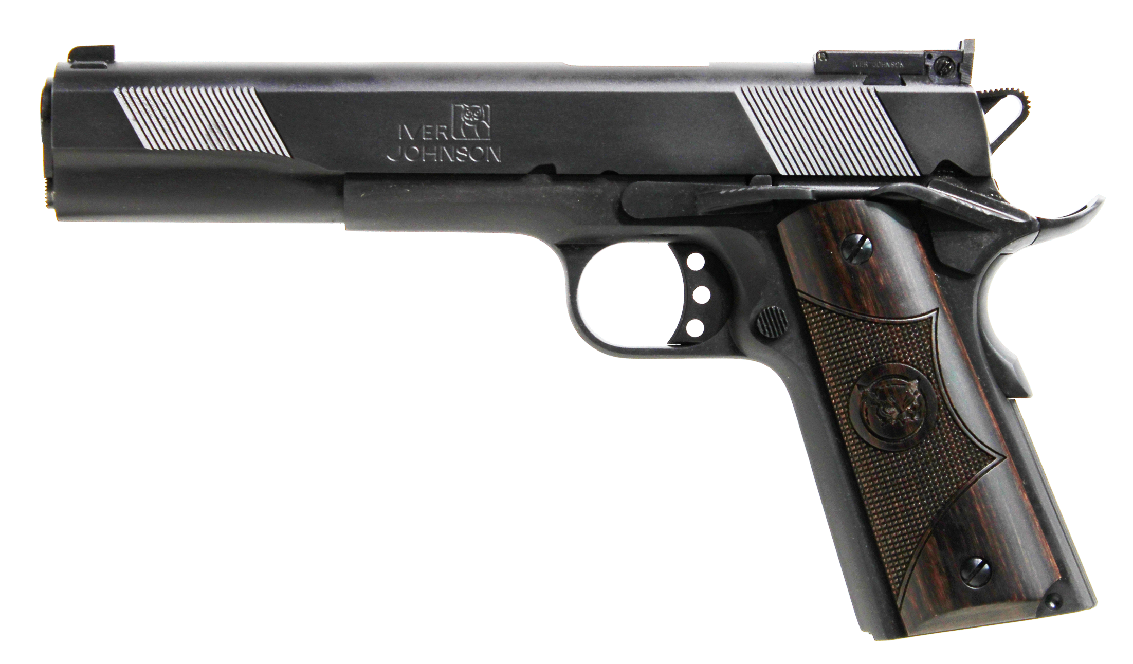 Iver Johnson Arms EAGLEXL45 Eagle XL Deluxe Full Size Frame 45 ACP 8+1 6" Steel Barrel, Matte Blued Serrated Steel Slide & Frame w/Beavertail, Diamondwood Walnut w/Integrated Logo Grip, Right Hand