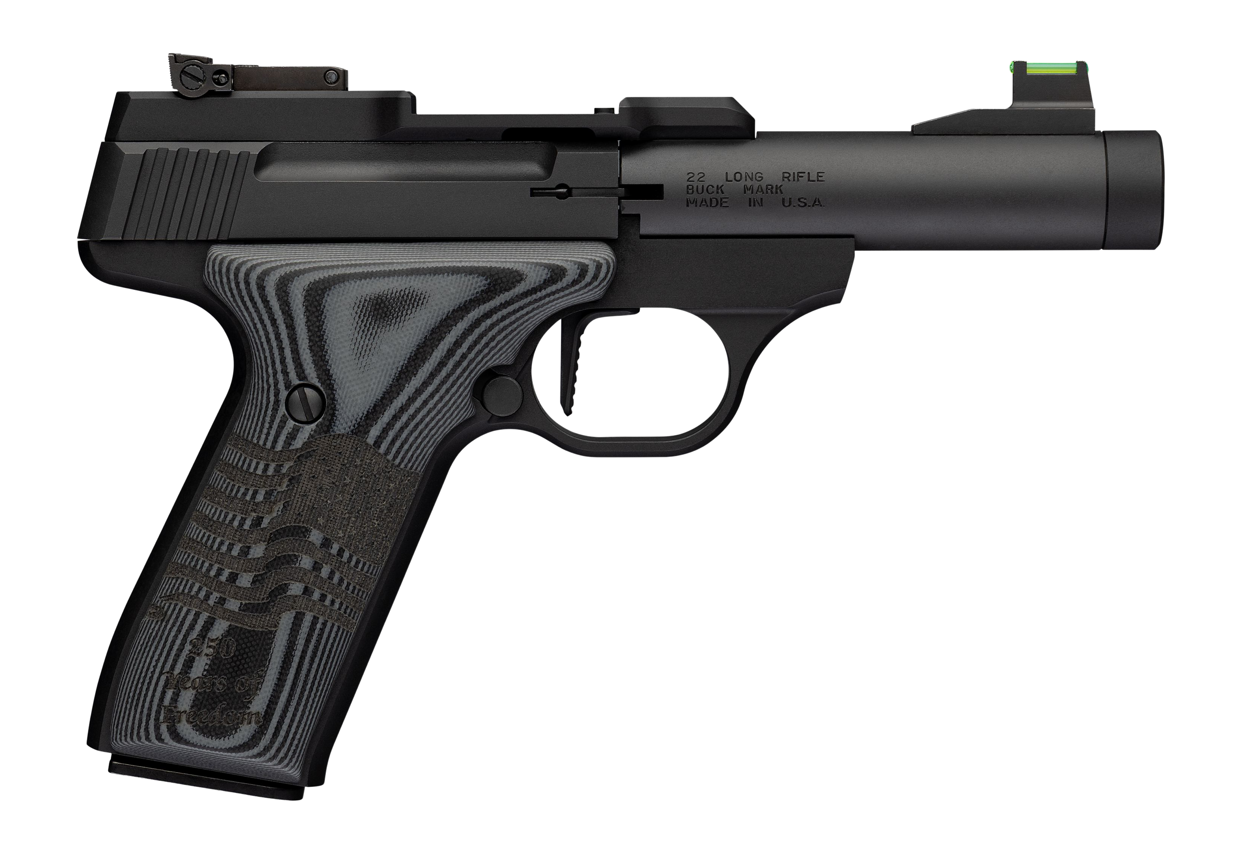 Browning 051611490 Buck Mark Black Label 250 SR 22 LR 10+1 4" Matte Black Bull Threaded Barrel, Optics Cut Receiver, Matte Black Aluminum Frame,  Black G10 Grip w/ Inscribed Waving Flag, RMSc Footprin