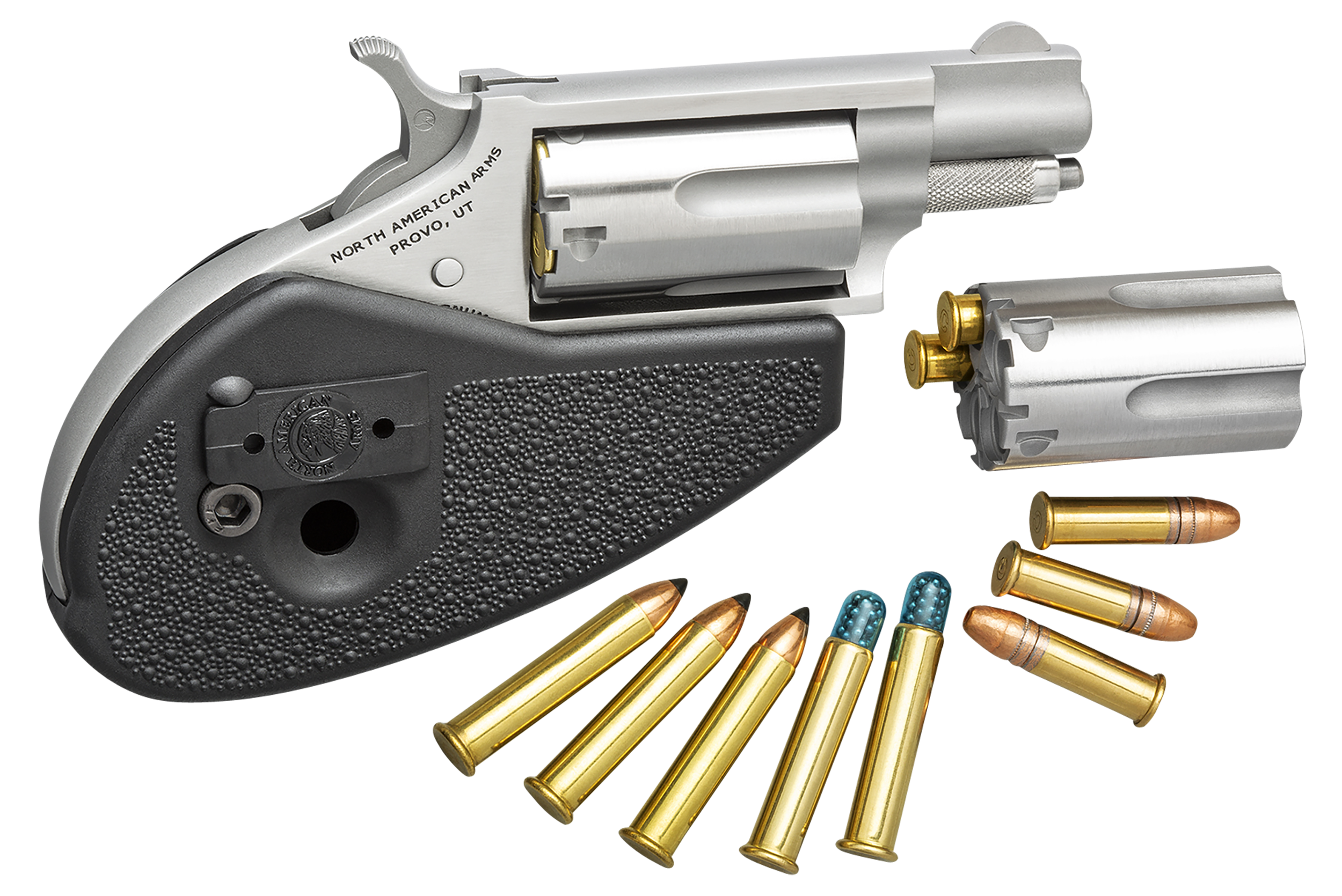 North American Arms 22MSCHG Mini-Revolver  22 LR/22 WMR 5 Shot 1.13" Stainless Steel Barrel, Frame & Cylinder, Black Synthetic Holster Grip, Exposed Hammer
