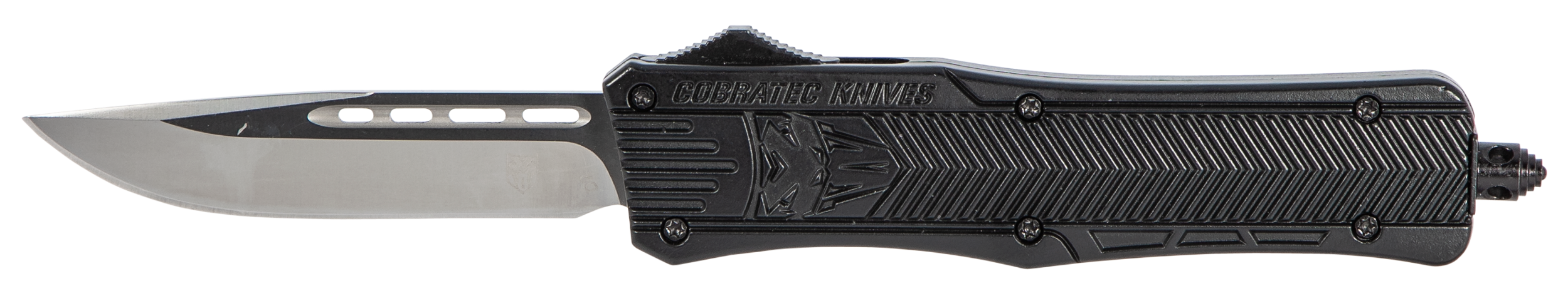 CobraTec Knives MBCTK1MDNS CTK-1 Medium 3" OTF Drop Point Plain D2 Steel Blade/Black Aluminum Handle Features Glass Breaker Includes Side Button