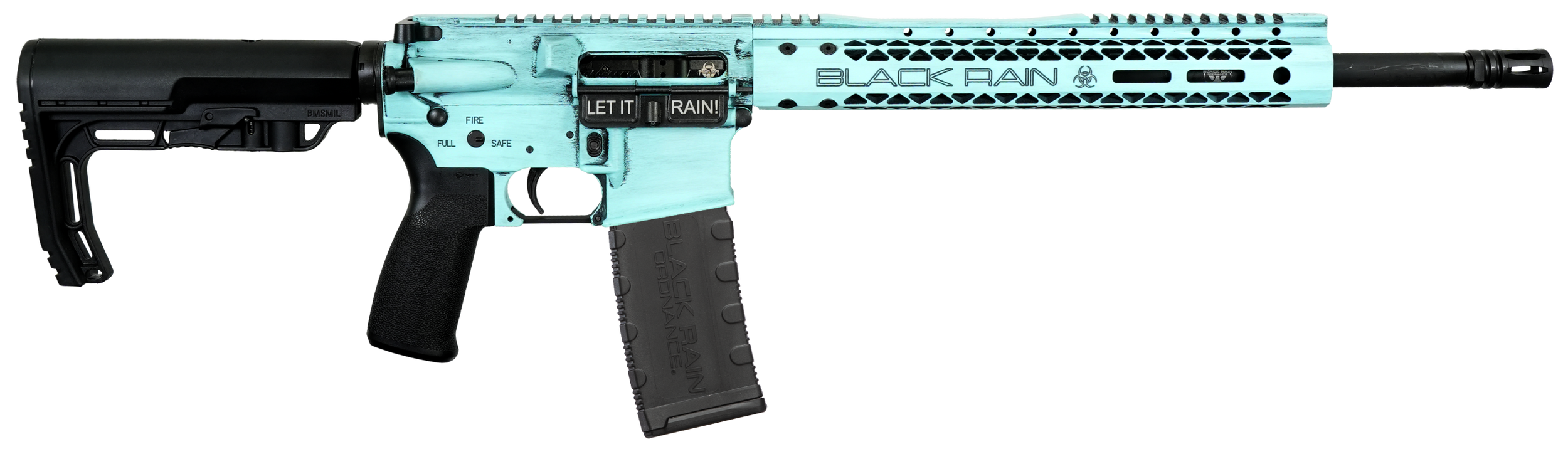 Black Rain Ordnance FUSIONTBB Fission  5.56 NATO 30+1 16" Black Nitride Threaded Barrel, Robin Egg Blue Battleworn Aluminum Receiver w/Picatinny Rail, M-LOK Handguard, MFT Minimalist Black Polymer Sto