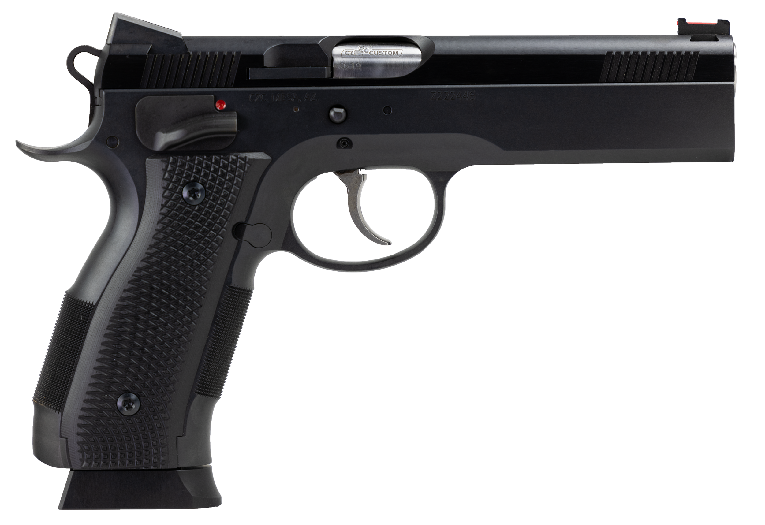 CZ-USA 91731 A01-LD  Full Size Frame 9mm Luger 19+1 4.93" Black Match Grade Bull Barrel, Blued Serrated Steel Slide, Blued Steel Frame w/Beavertail, Black Checkered Polymer Grip