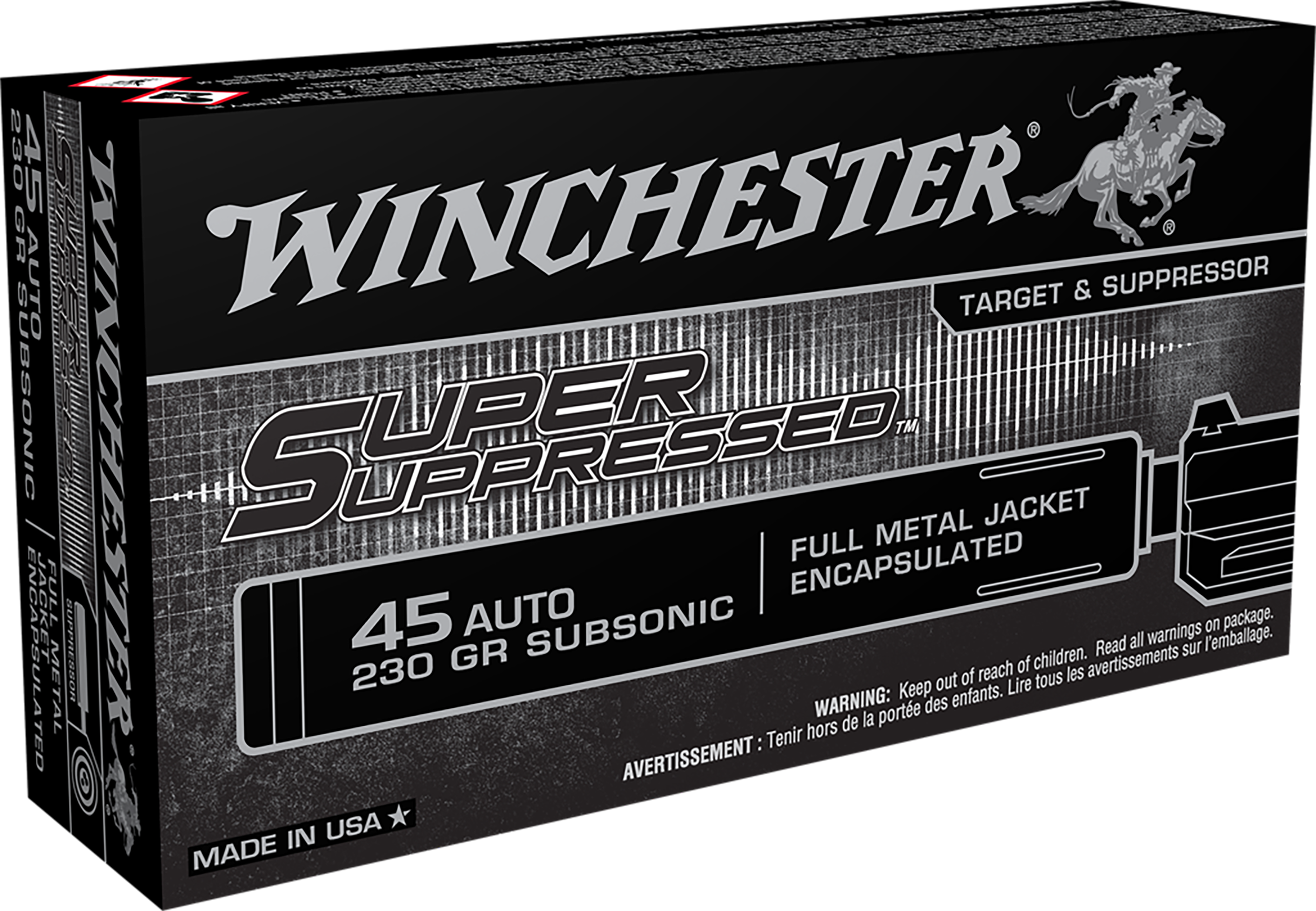 Winchester Ammo SUP45 Super Suppressed  45ACP Subsonic 230gr Encapsulated Full Metal Jacket 50 Per Box/10 Case