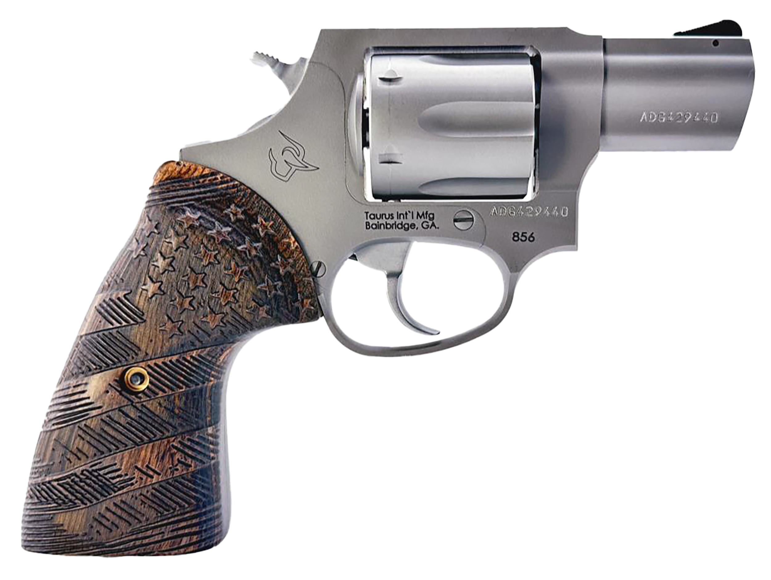 Taurus 2-85629-US2 856 Small 6 Shot 2" Matte Stainless Steel Barrel & Frame, Polished Cylinder, Custom Designed Wood Grip w/Stars, Transfer Bar Safety, Exposed Hammer