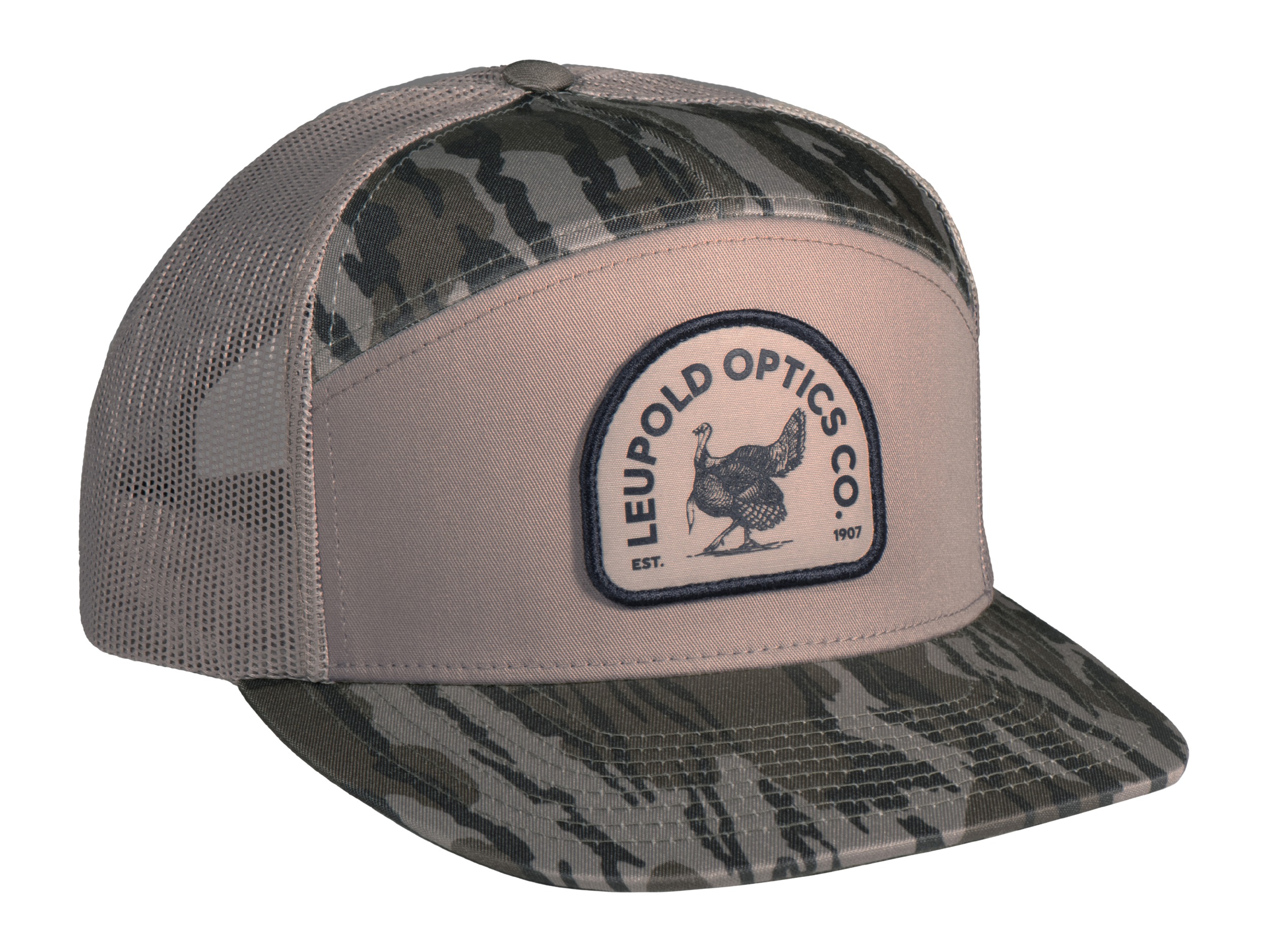 Leupold Turkey 7 Panel Trucker Hat Khaki Mossy Oak Bottomland