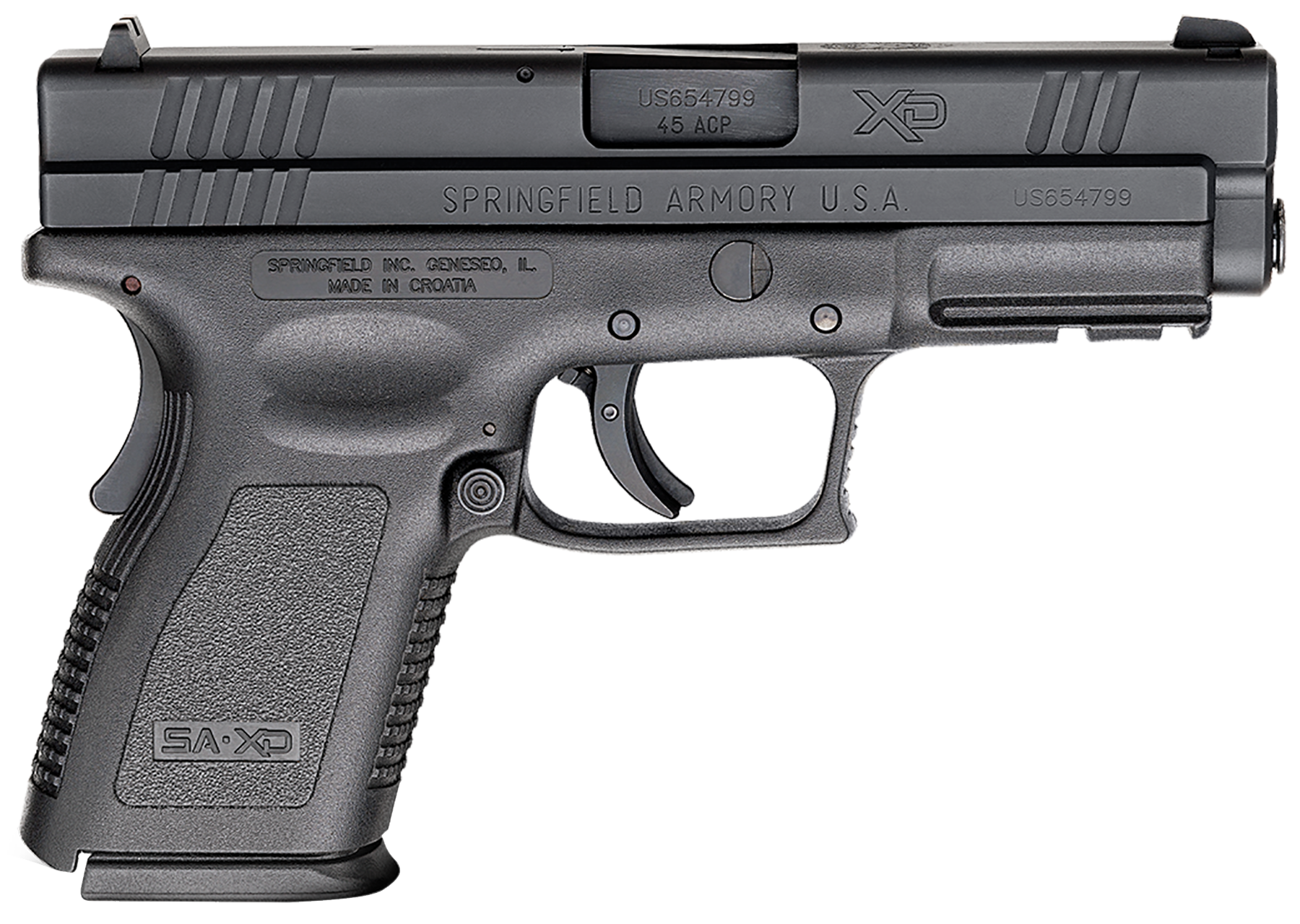 Springfield Armory XD9645 XD *CA Compliant Compact Frame 45 ACP 10+1, 4" Black Melonite Steel Barrel, Black Melonite Serrated Steel Slide, Black Polymer Frame w/Picatinny Rail
