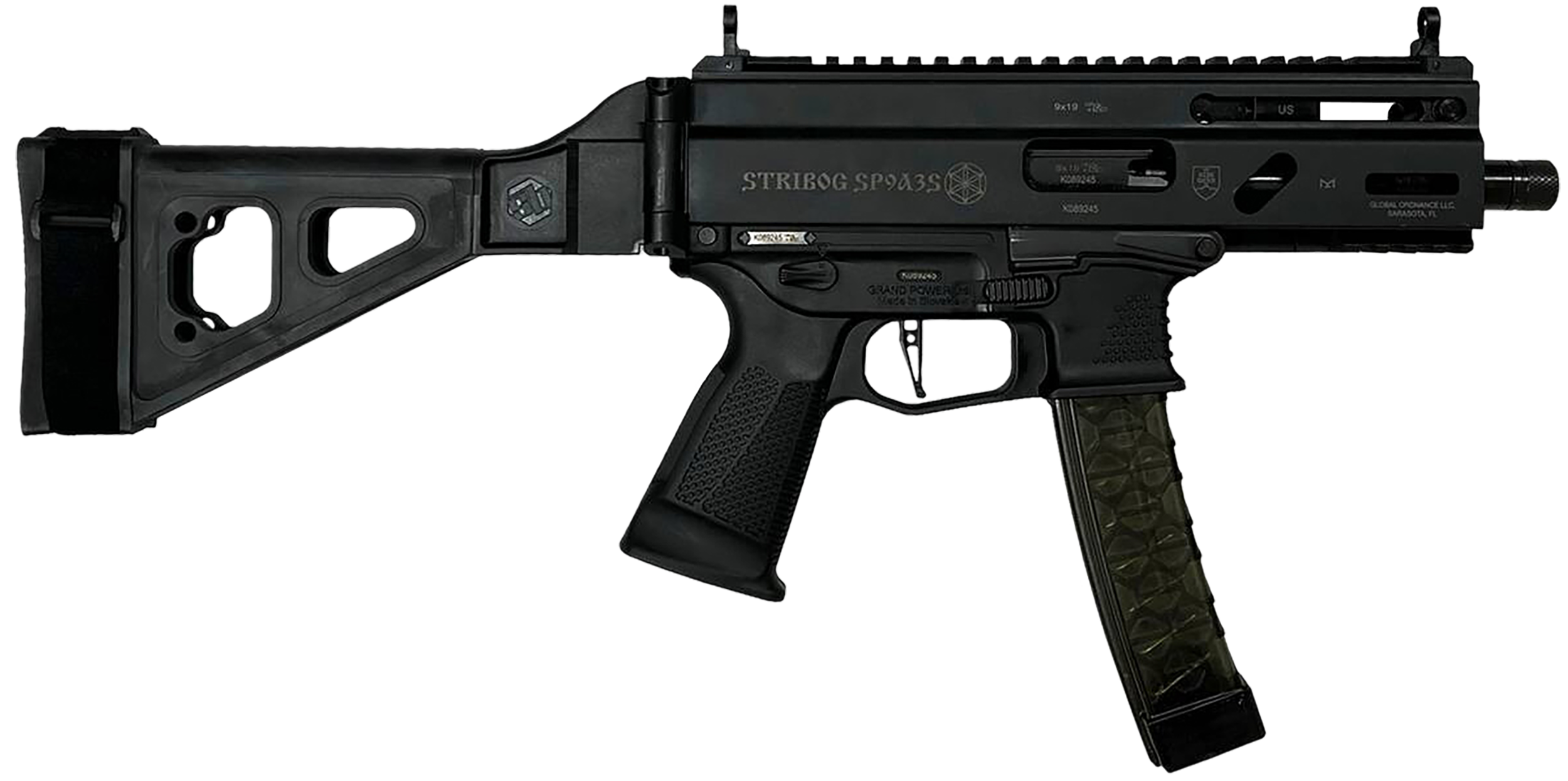 Grand Power 810091152836 Stribog SP9A35S 9mm Luger 30+1 8" Black Picatinny Rail Receiver, SB Tactical Brace, Black Polymer Grip