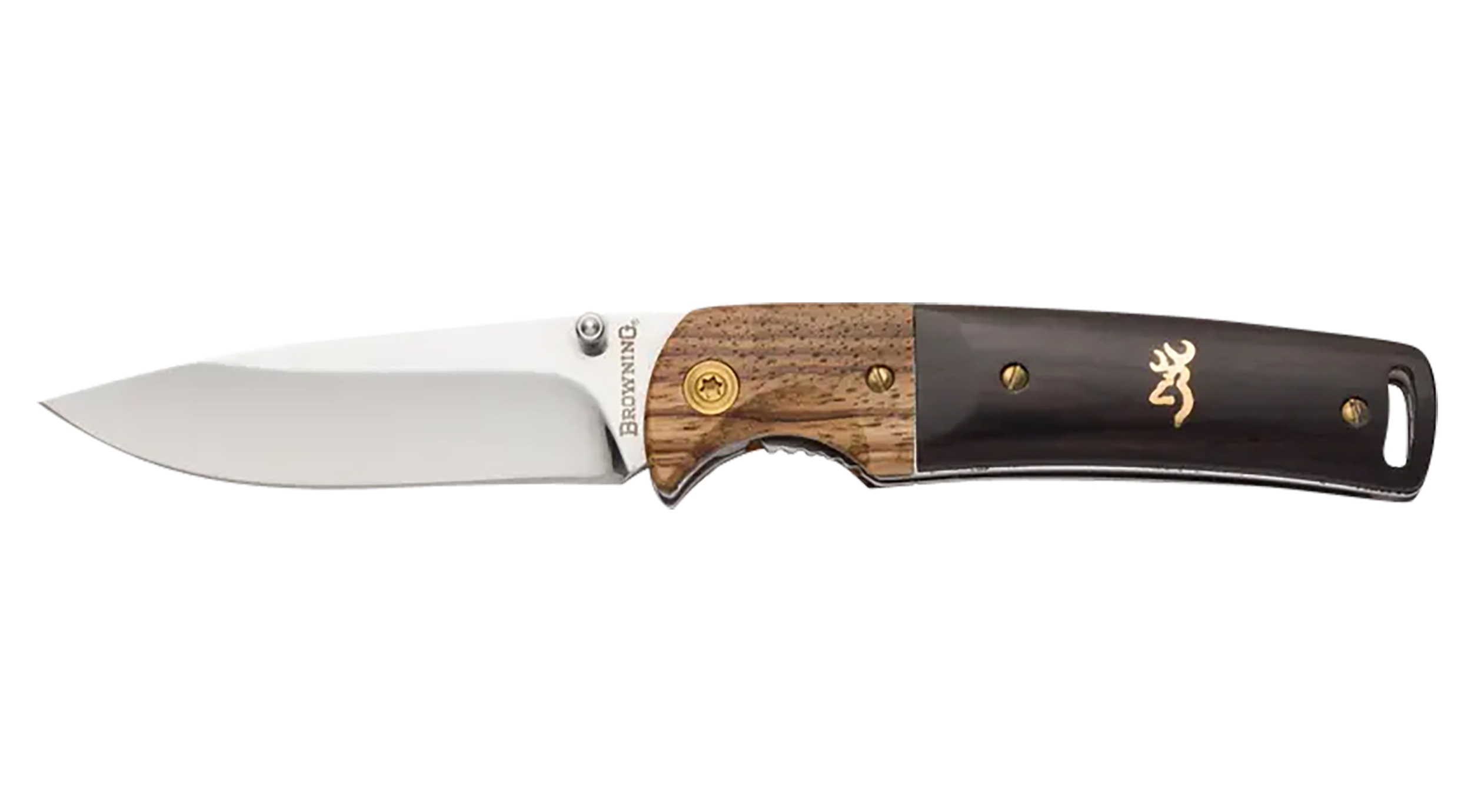 Browning 3220231 Buckmark Hunter EDC 3" Folding Drop Point, Plain Mirror Polished 8Cr14MoV SS Blade, Black/Natural Finger Grooved w/Brass Accents Hardwood Handle, Includes Pocket Clip