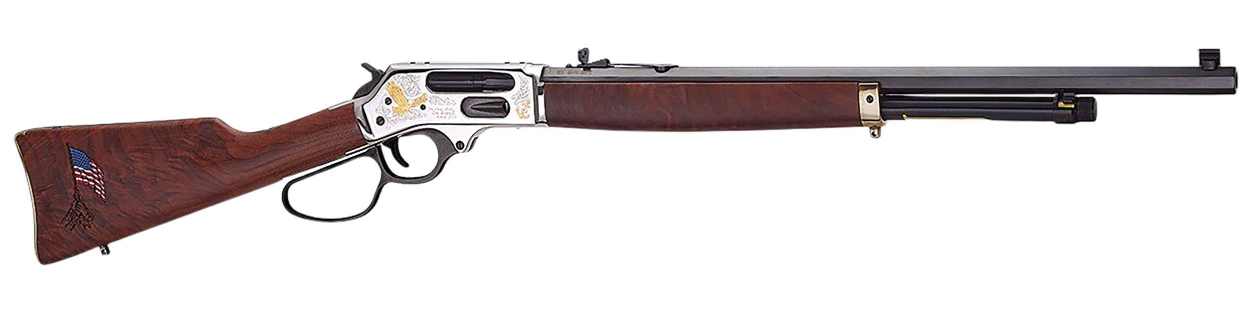 Henry H010BGMC Spirit Of The Corps 45-70 Gov 4+1 22" Black Octagon Barrel, Nickel Engraved w/24K Gold Inlay Brass Drilled & Tapped Receiver, American Walnut Straight Stock