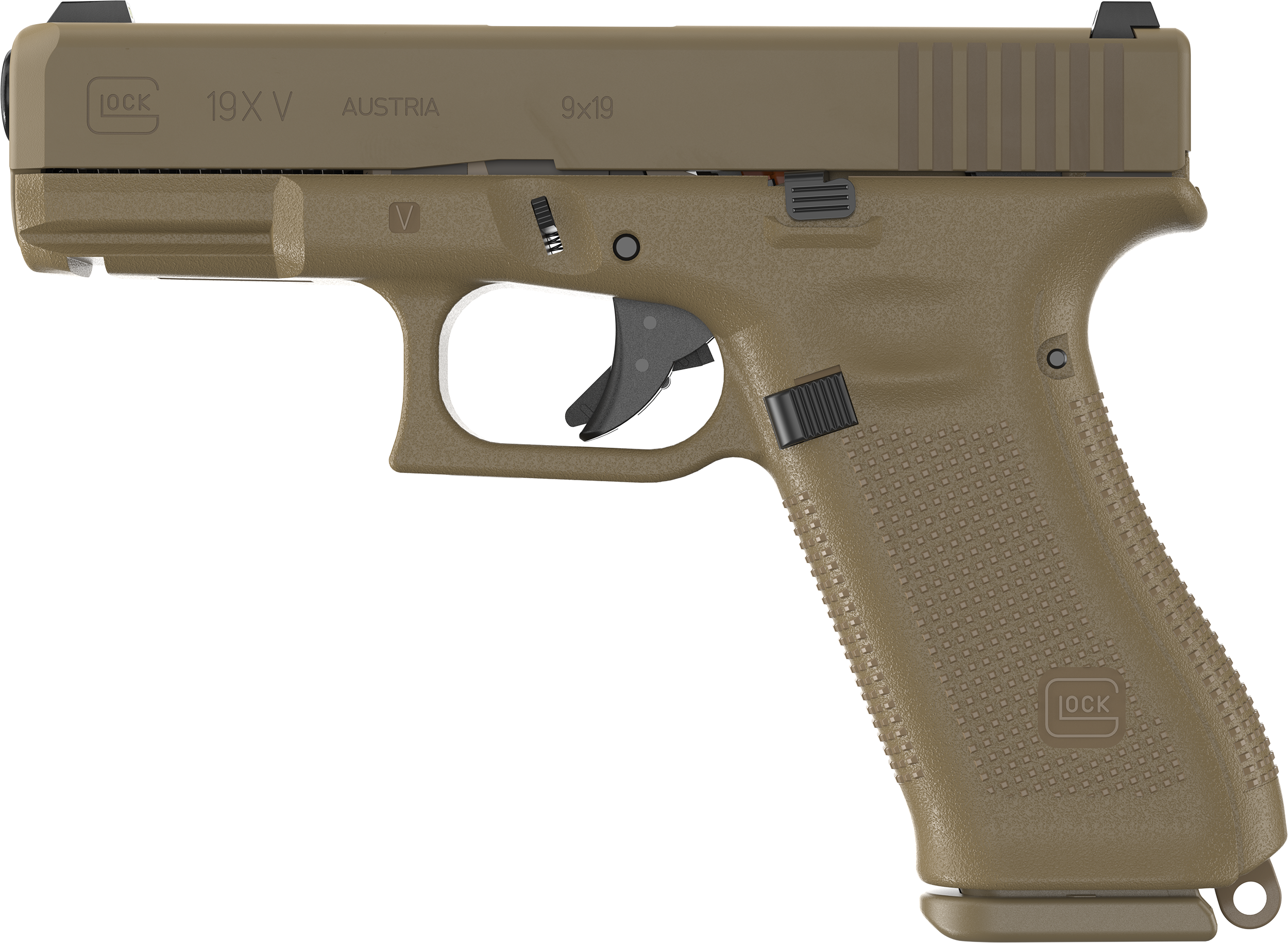 Glock UV1950701X G19X V 9mm Luger 10+1 4.02" Black GMB Barrel, Coyote nPVD Steel Serrated Slide, Coyote Brown Polymer Frame, Textured Polymer Grip, Ambidextrous