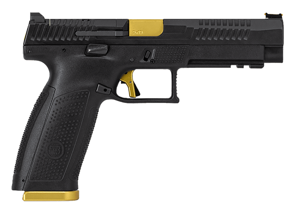 CZ-USA 95180 P-10 F Competition-Ready 9mm Luger 5" 19+1 Overall Black Finish with Inside Railed Steel with Optic Cut Slide, Polymer Grip, Gold Accents & Picatinny Rail