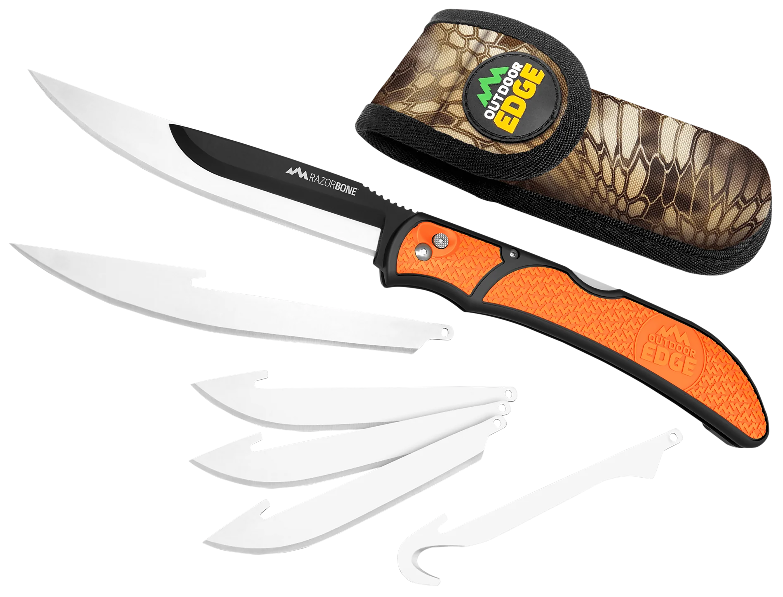 Outdoor Edge RBB20C RazorBone  6 Blades, Folding 3.40" Gut Hook/3.50" Drop Point/5" Fillet Satin/Black Oxide 420J2 SS Blades, Blaze Orange Textured Grivory w/TPR Inserts Handle