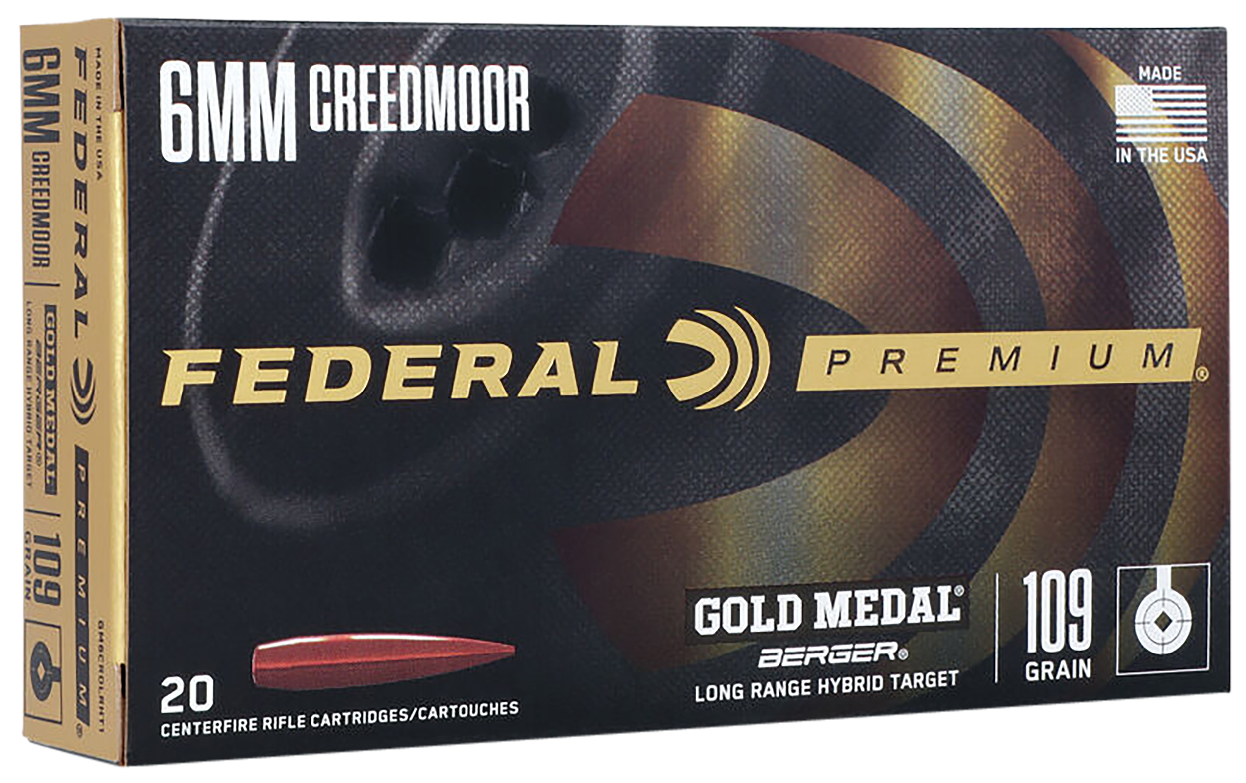 Federal GM6CRDLRHT1 Premium Gold Medal 6mmCreedmoor 109gr Berger Long Range Hybrid Target 20 Per Box/10 Case