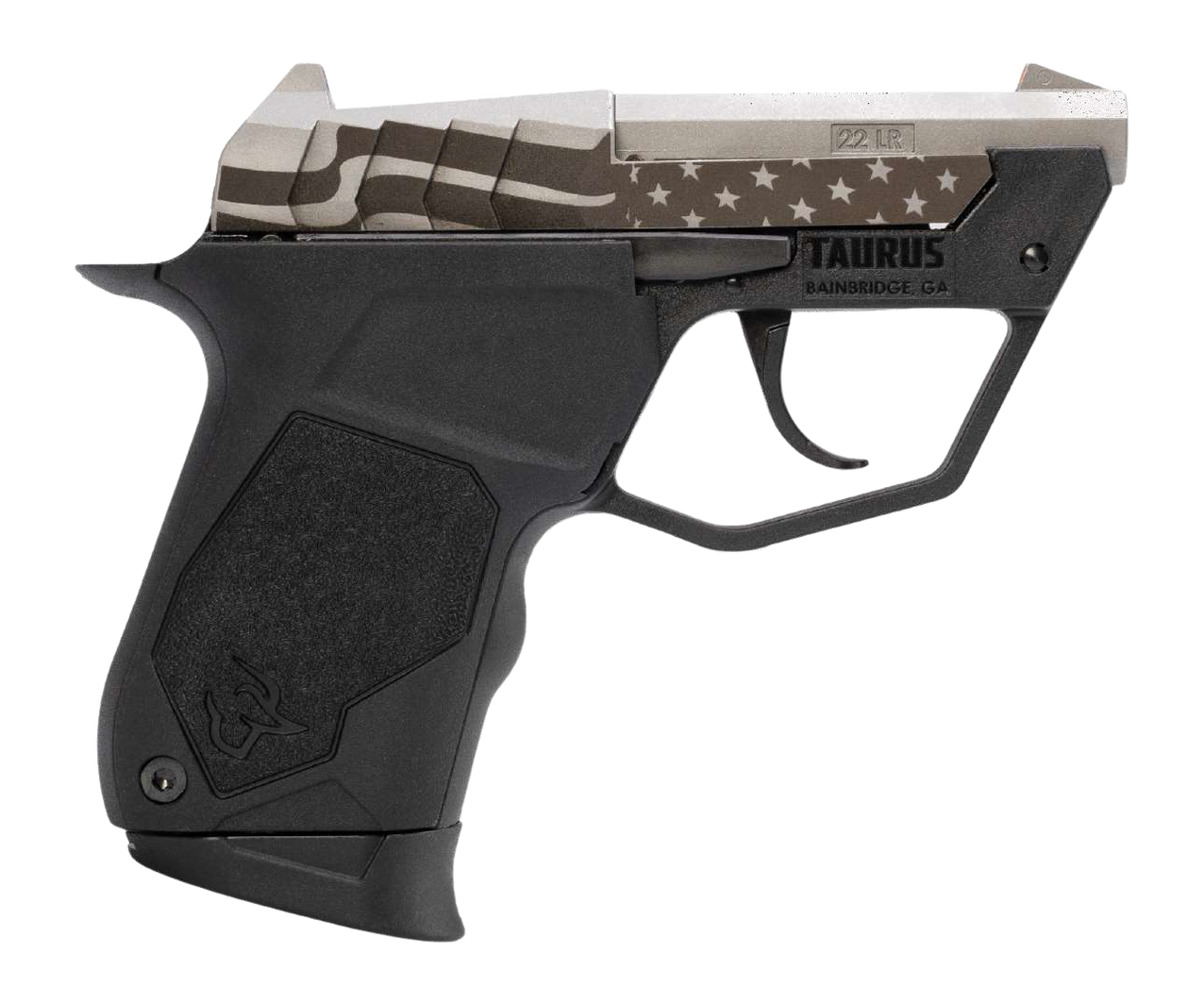 Taurus 1-22TUC139-USFLAG 22TUC  Micro-Compact Frame 22 LR 9+1 2.50" Stainless Tip-Up Barrel, Custom Engraved Serrated Slide, Black Polymer Frame