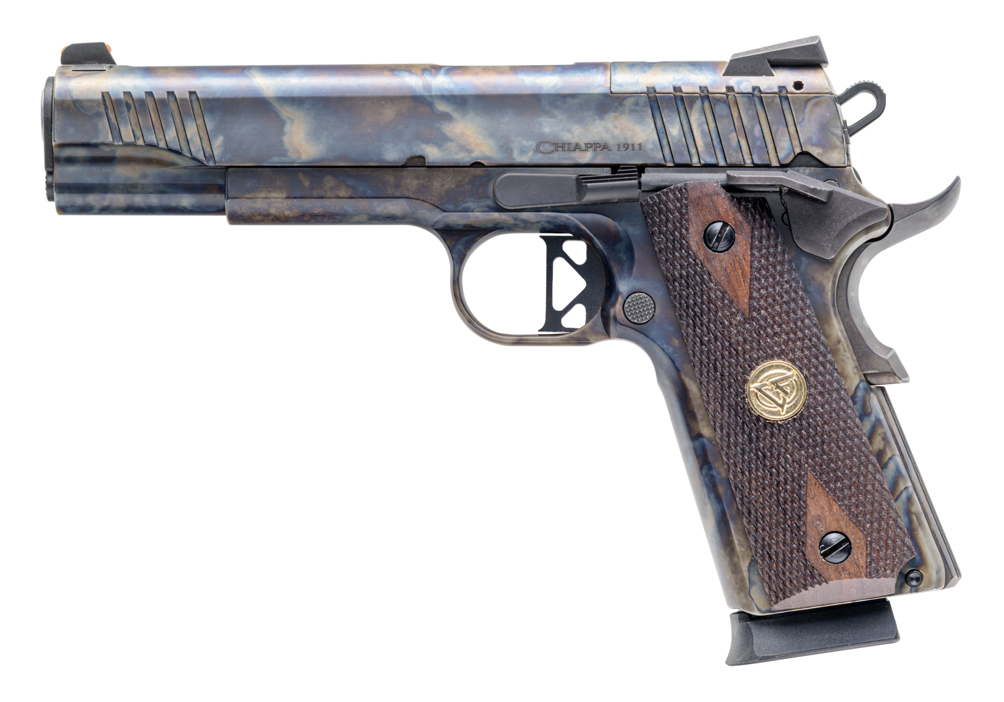 Chiappa Firearms 440235 1911 Superior Full Size Frame 45 ACP 8+1 5" Color Case Hardened Optic Ready/Serrated Slide & Frame,  Walnut Grip, RMR/RMSc Footprint