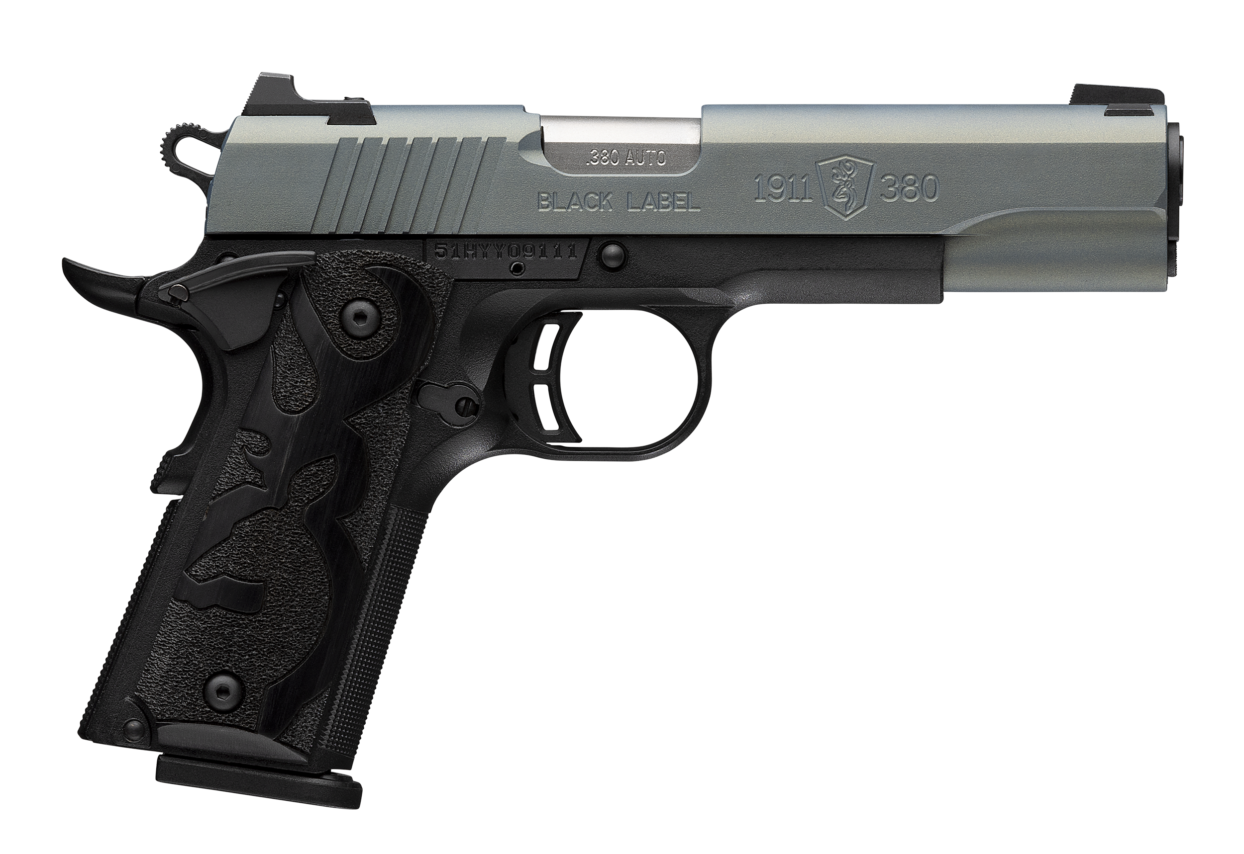 Browning 051992492 1911 Black Label Full Size Frame 380 ACP 8+1 4.25" Matte Stainless Steel Barrel, Northern Lights Cerakote Serrated Steel Slide, Matte Black Polymer Frame, Black Polymer Grip