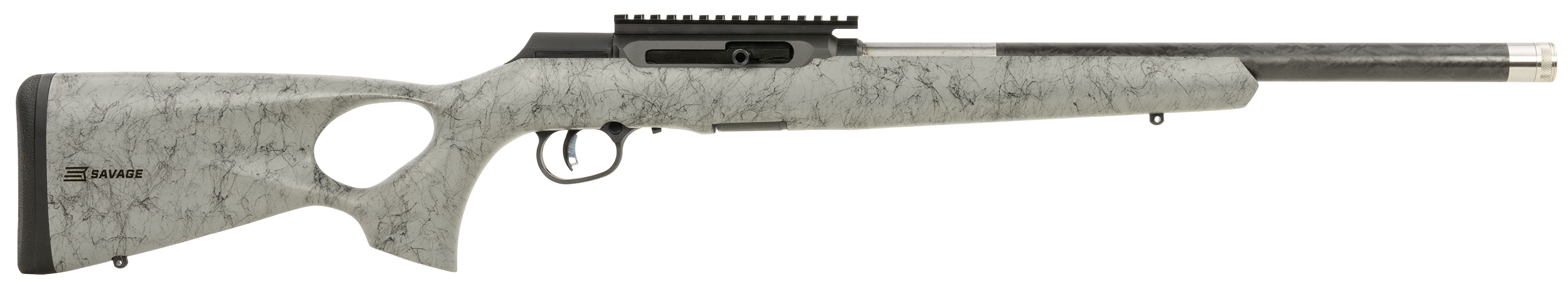 Savage Arms 47253 A Series TimberLite 22LR 10+1 18" Black Threaded Carbon Fiber/SS Barrel, Black Picatinny Rail Steel Receiver, Gray w/Black Webbing Synthetic Fixed Thumbhole Stock