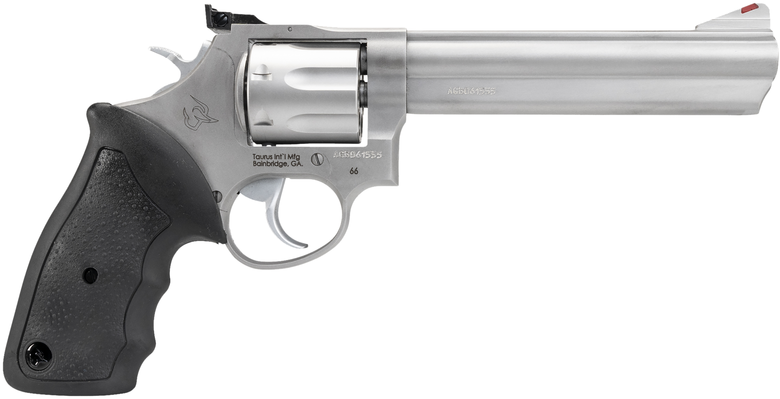 Taurus 2-660069 66  Medium 357 Mag/38 Special +P 7 Shot 6" Matte Stainless Steel Barrel, Cylinder & Frame, Black Finger Grooved Rubber Grip, Transfer Bar Safety, Exposed Hammer