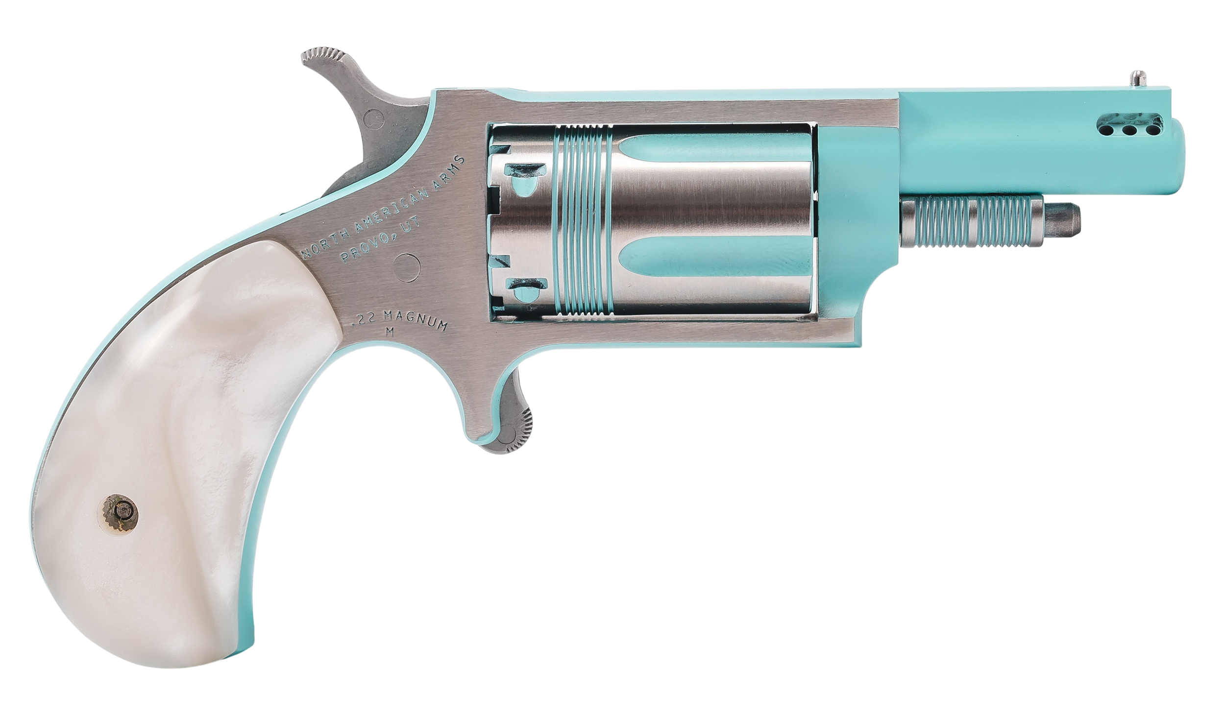 North American Arms 22MPB Iris undefined 22 Mag 5 Shot 1.63" Turquoise Cerakote Ported Barre Matte Stainless Steel Frame, Stainless/Turquoise Cylinder, Faux White Pearl Grip, Exposed Hammer