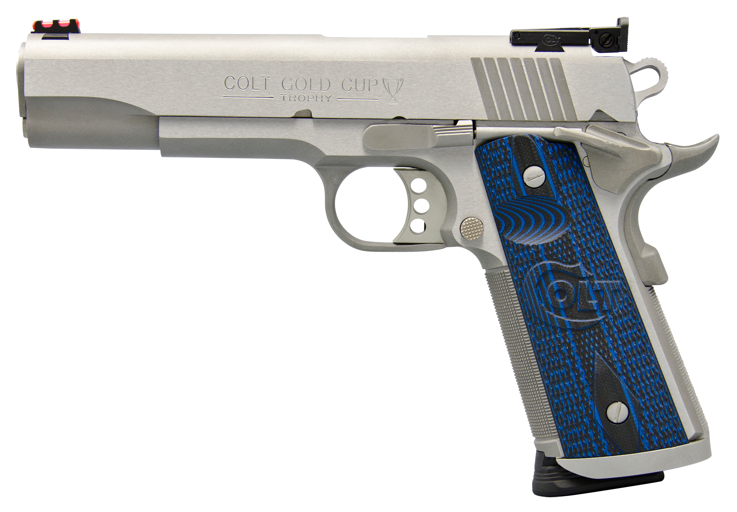 Colt Mfg O5073XE Gold Cup Trophy 38 Super 9+1 5" Stainless National Match Barrel, Stainless Steel Serrated Slide & Frame w/Beavertail, Blue Scalloped G10 Grip, Ambidextrous