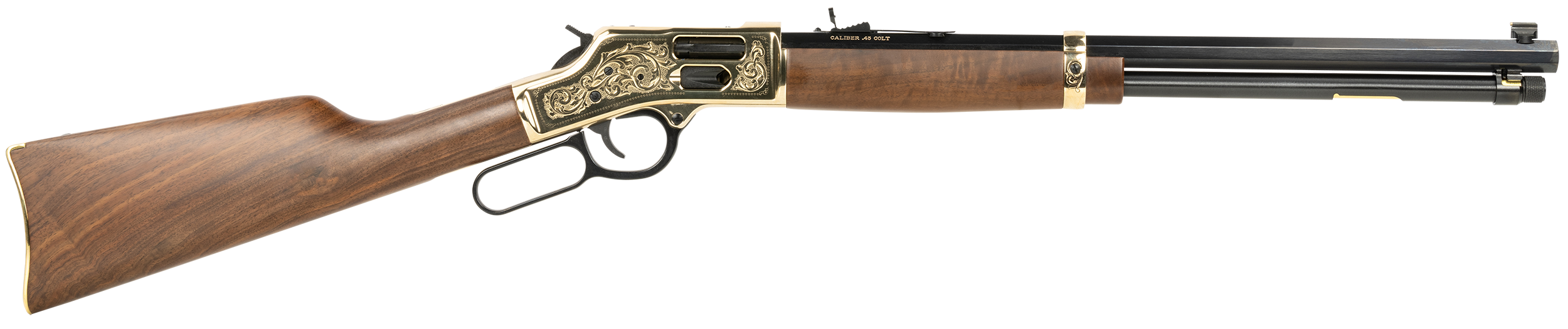 Henry H006GCD Deluxe Side Gate  Full Size 45 Colt (Long Colt) 10+1 20" Blued Octagon Barrel, Polished Brass Engraved Receiver, Drilled & Tapped, Fixed American Walnut Stock Ambidextrous