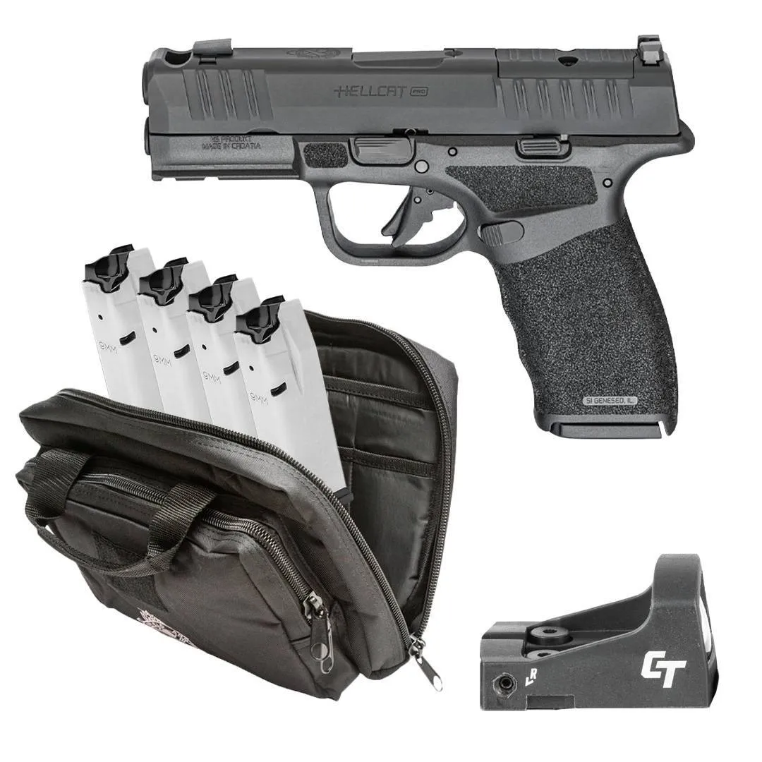 dSPRINGFIELD ARMORY HELLCAT PRO GEAR UP OSP 9MM PISTOL BLK 5-15RD, CT1500, RANGE BAG