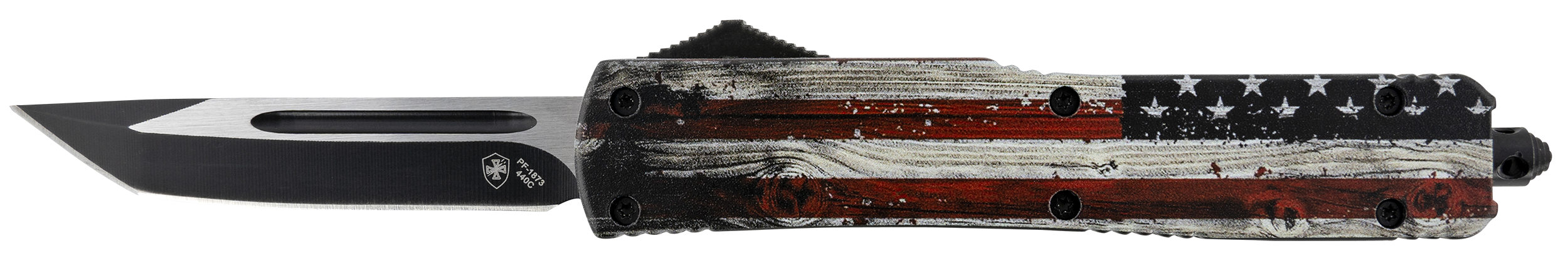 Templar Knife MWUS231 Gen II Wood US Flag Slim 3.43" OTF Tanto Plain Black Oxide Stonewashed 440C SS Blade, 5.05" Painted Wood Grain US Flag Aluminum Handle, Glass Breaker