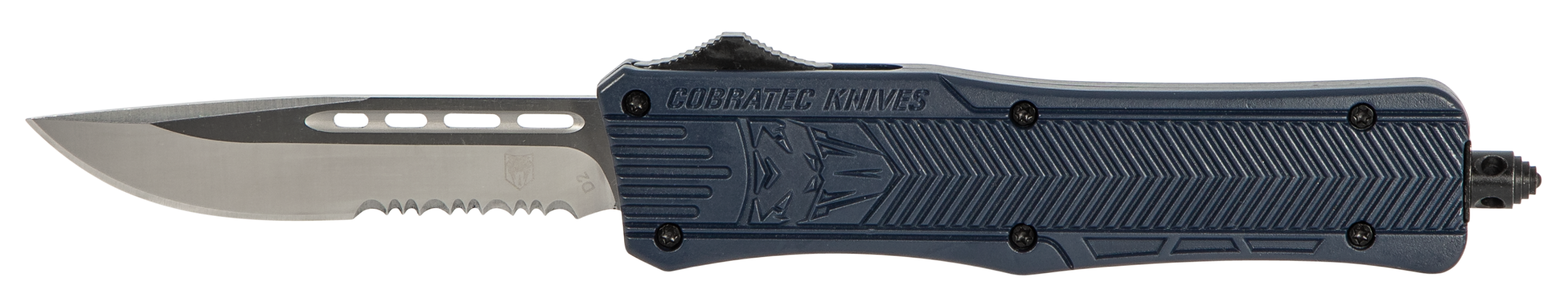 CobraTec Knives MNYCTK1MDS CTK-1 Medium 3" OTF Drop Point Part Serrated D2 Steel Blade/NYPD Blue Aluminum Handle Features Glass Breaker Includes Pocket Clip