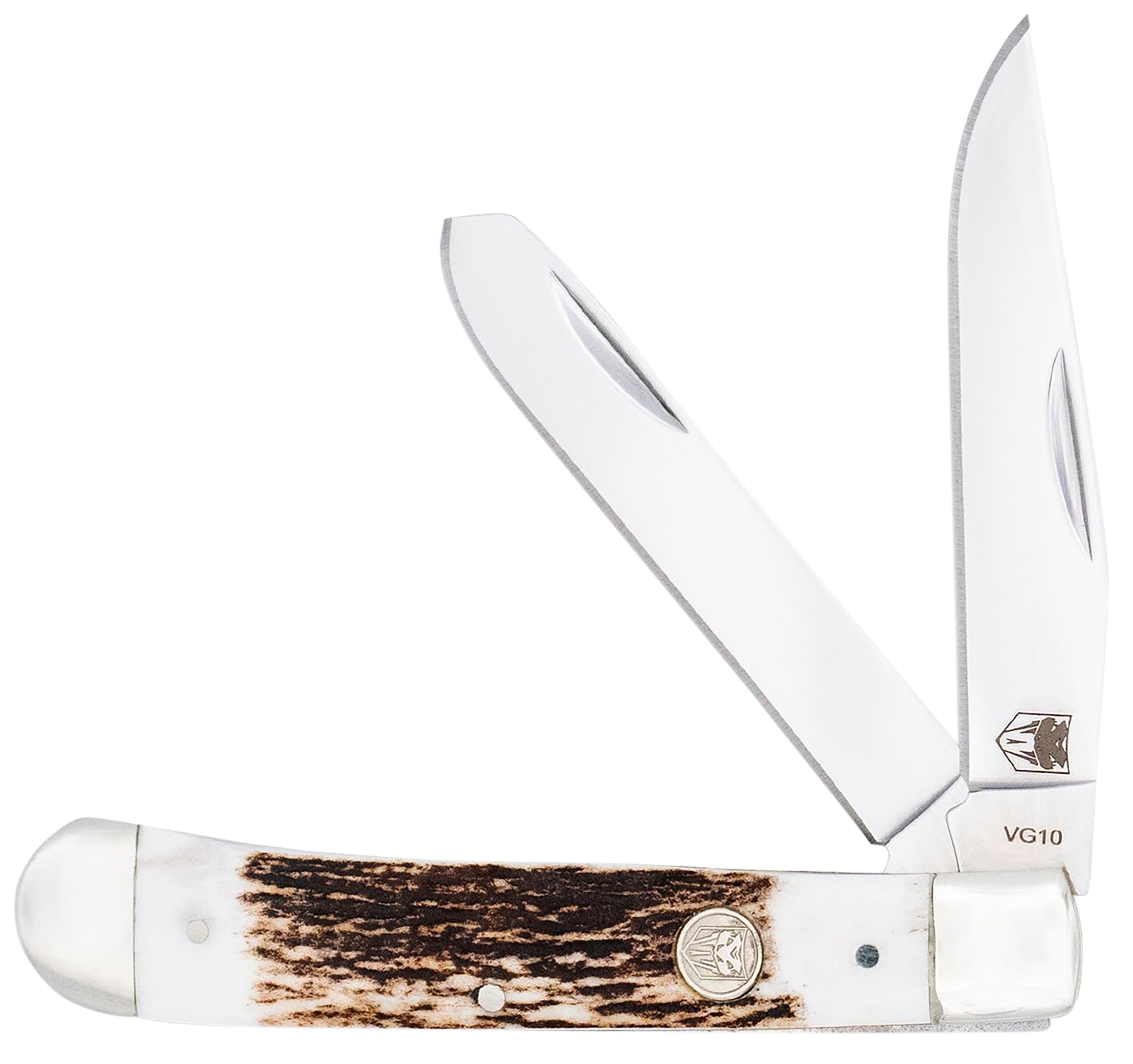 CobraTec Knives CTTDTRPSTAG Trapper  Folding 2.88" Clip Point, 2.94" Spey Plain Polished VG-10 SS Blades, 4.44" Stag Bone Scales/SS Handle