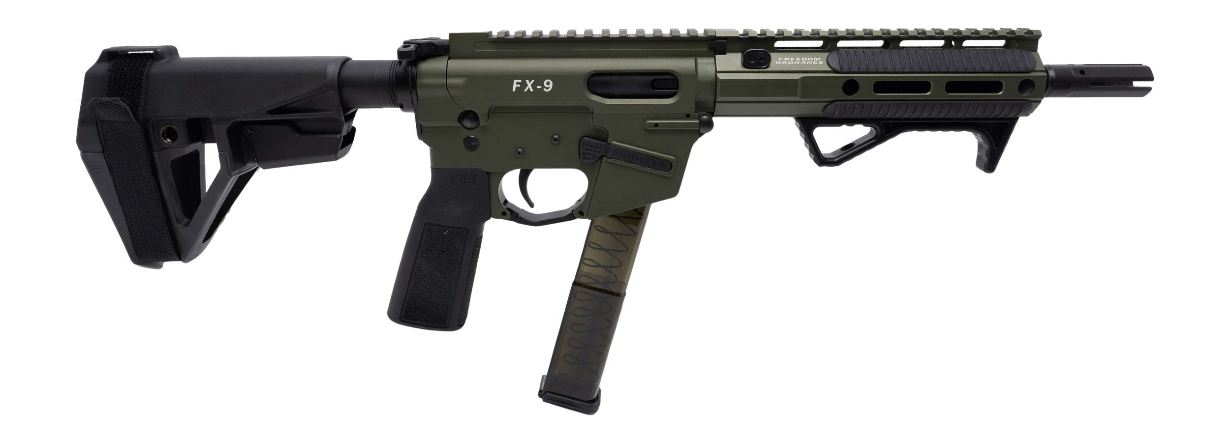 Freedom Ordance FX9P8E-ODG FX9P Elite 9mm Luger 8" Black Nitride Threaded Barrel, OD Green Anodized Aluminum Receiver w/Picatinny Rail, M-LOK Handguard, Black Polymer SB Tactical SBA5 Brace, Black Pol