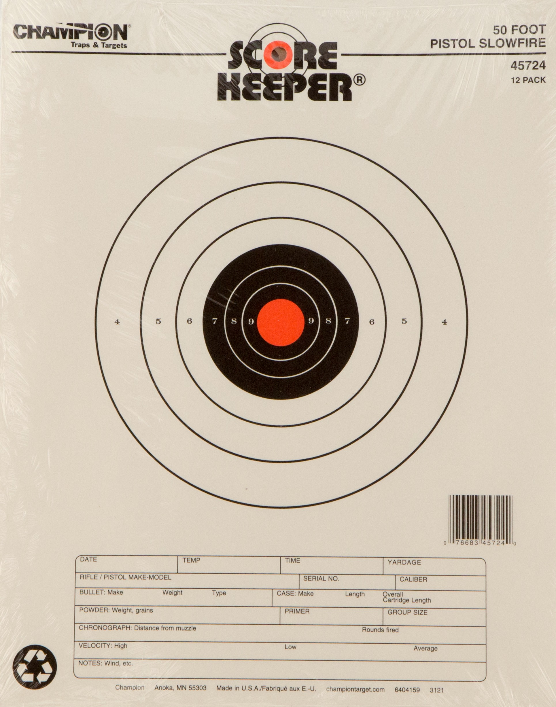 Champion Targets 45724 Score Keeper Slow Fire Bullseye Paper Hanging 50 foot Pistol 11" x 16" Black/Orange 12 PK