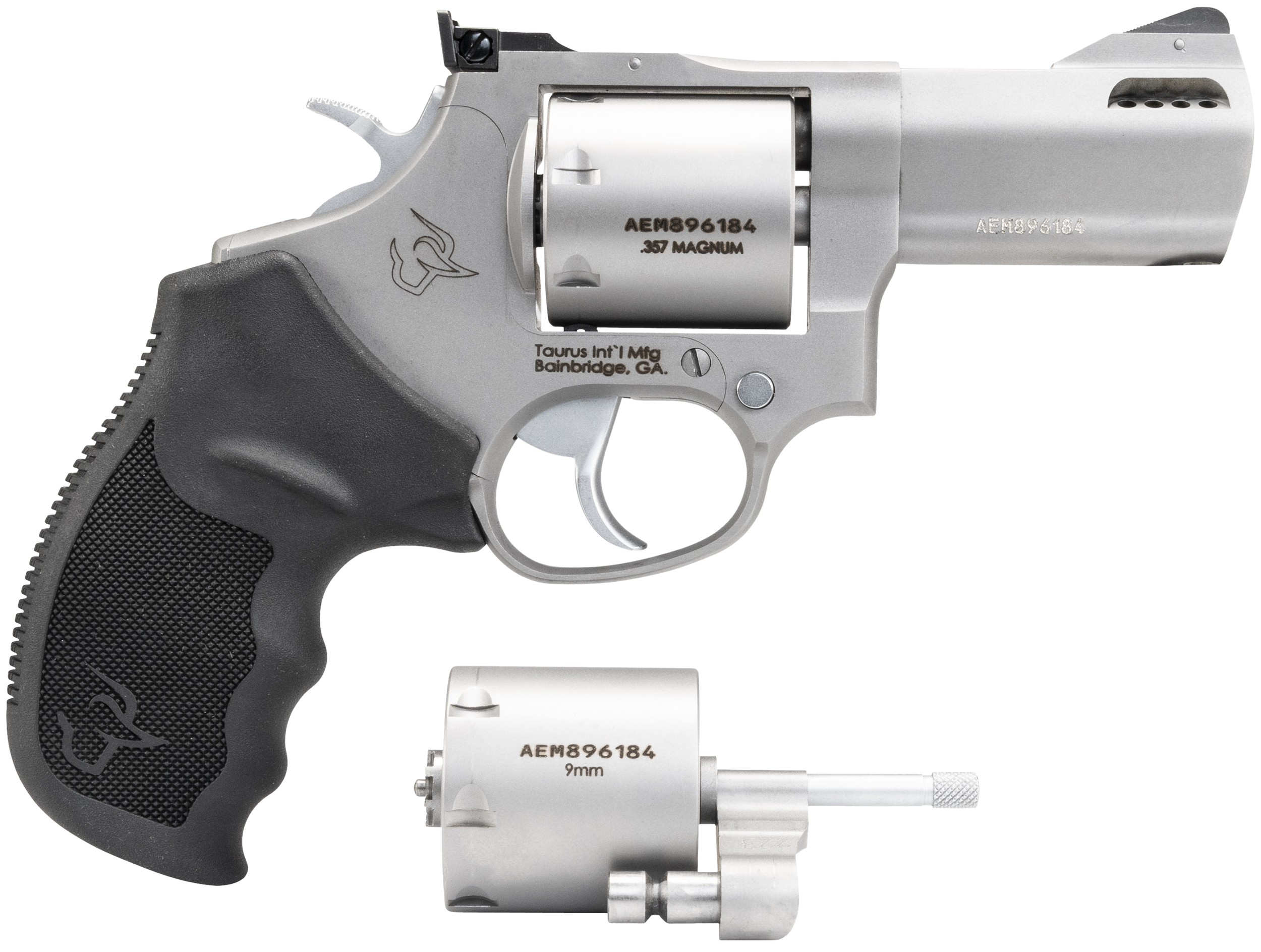 Taurus 2-692039 692 Medium 38 Special +P/357 Mag/9mm Luger 7 Shot 3" Matte Stainless Ported Barrel, Cylinder & Frame, Black Ribber Grip, Transfer Bar Safety, Exposed Hammer, 2 Cylinders