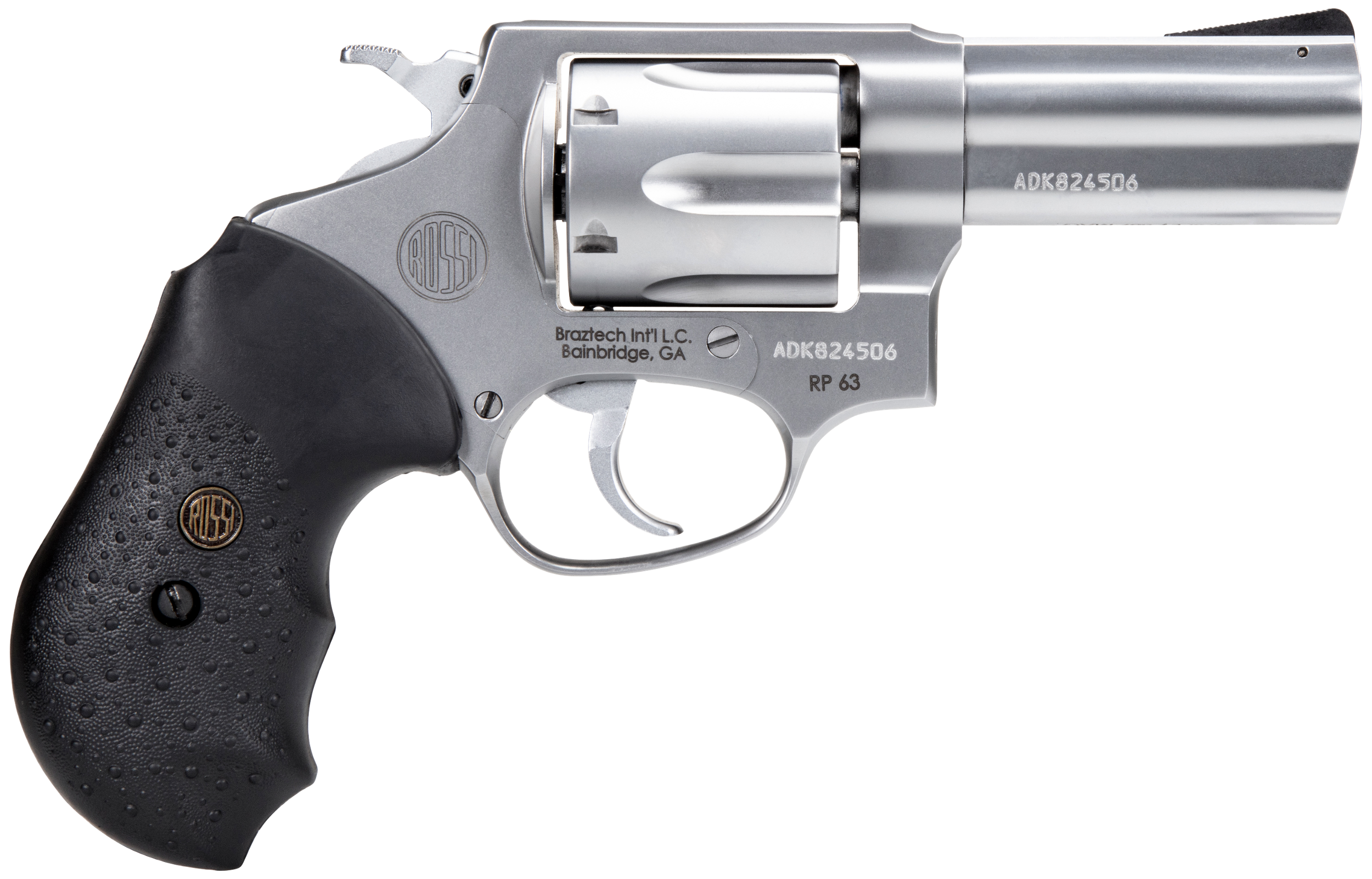 Rossi 2RP639 RP63  Small Frame 357 Mag 6 Shot, 3" Satin Stainless Steel Barrel, Cylinder & Frame, Black Textured Rubber Grip, Hammer Block Safety, Exposed Hammer