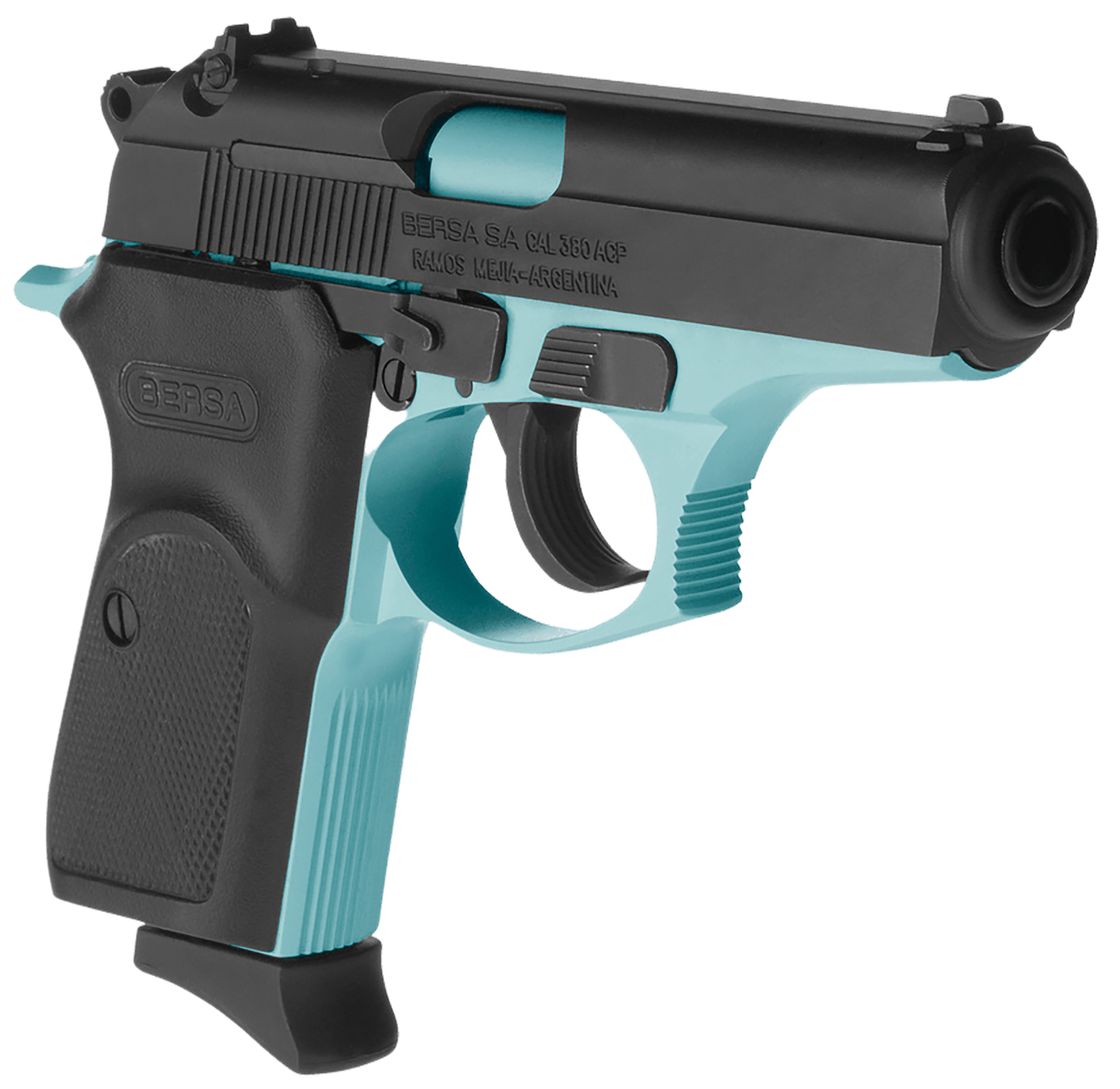 Bersa T380BLM8 Thunder  Micro-Compact Frame 380 ACP 8+1, 3.50" Robin Egg Blue Cerakote Steel Barrel, Matte Black Serrated Steel Slide, Robin Egg Blue Cerakote Aluminum Frame