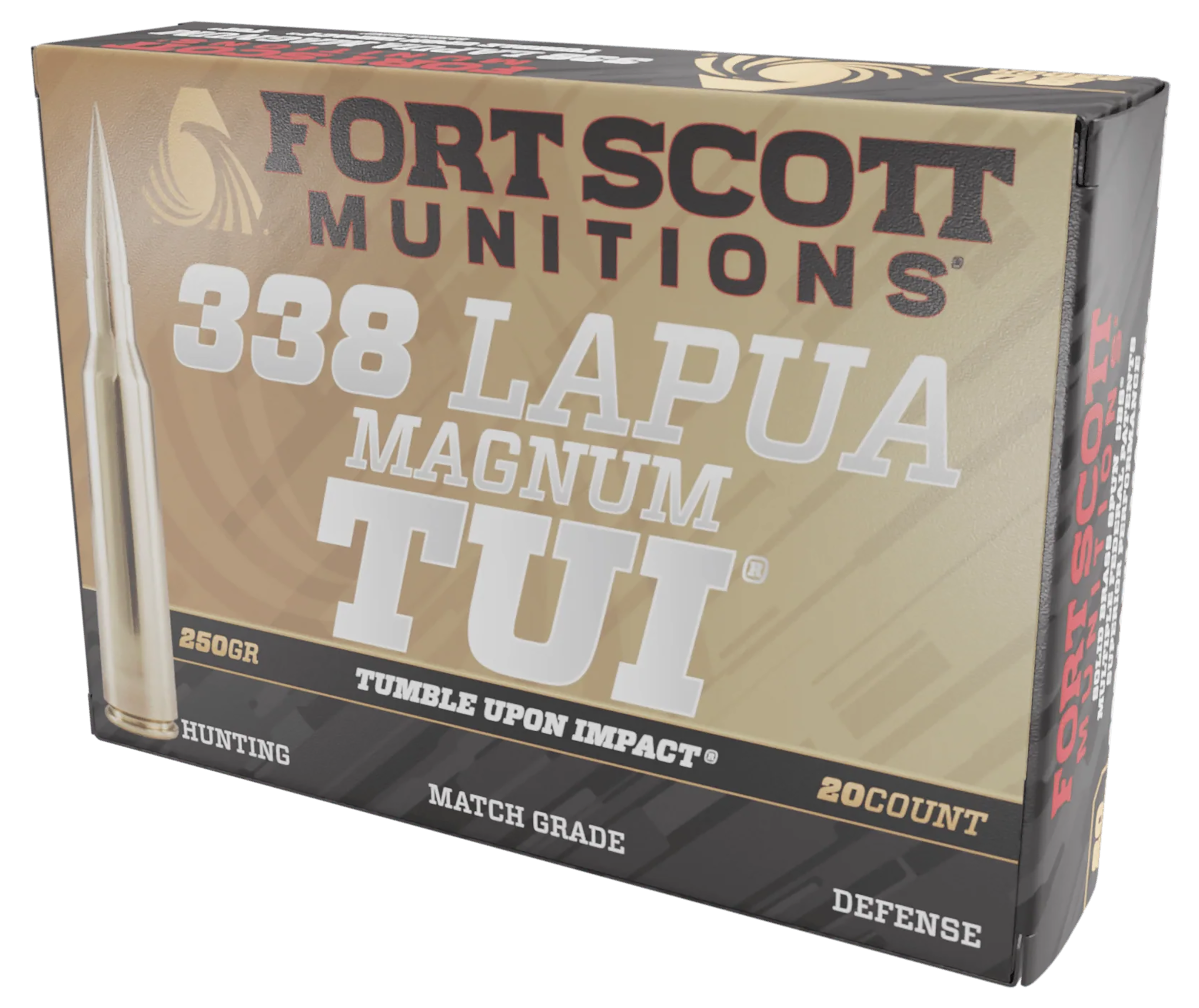 Fort Scott Munitions 338250SBV1 Tumble Upon Impact (TUI) Rifle 338LapuaMag 250gr Solid Copper Spun 20 Per Box/5 Case