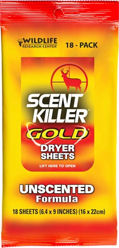 WRC DRYER SHEETS SCENT KILLER GOLD UNSCENTED 18-PACK