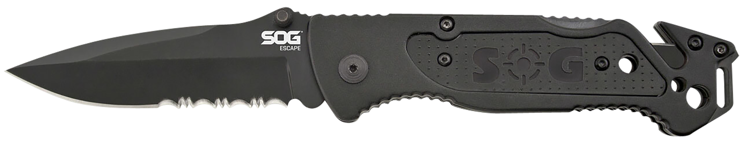 S.O.G SOGFF25CP Escape  3.40" Folding Clip Point Part Serrated Black Hardcased 9Cr18MoV SS Blade Black Anodized Aluminum Handle Includes Belt Clip