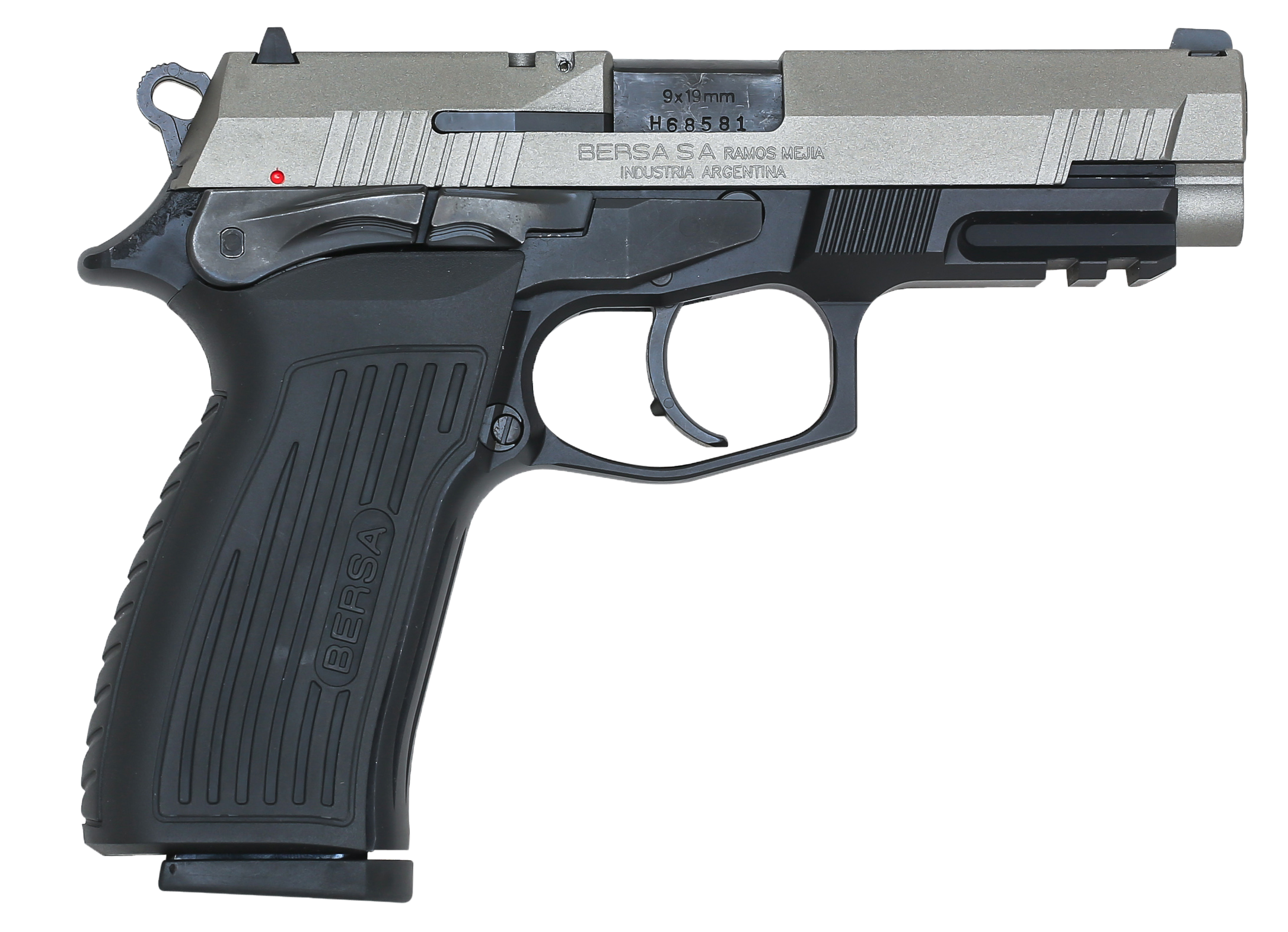 Bersa TPR9DT TPR  Full Size Frame 9mm Luger 17+1, 4.30" Black Steel Barrel, Nickel Cerakote Serrated Steel Slide, Matte Black Aluminum Frame w/Picatinny Rail, Ambidextrous