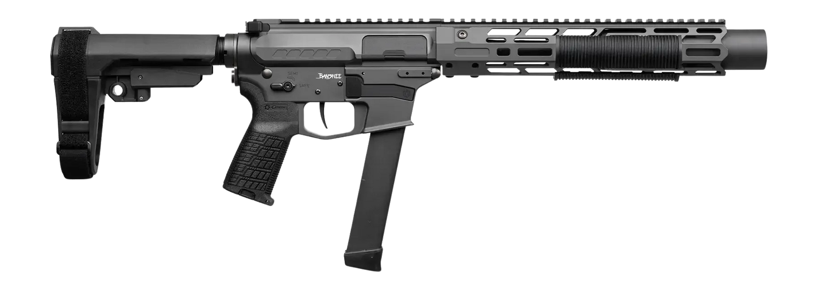 CMMG 99A6832-TNG Zeroed Banshee MkGs 9mm Luger 33+1 6.50" Black Nitride Threaded Barrel, Tungsten Cerakote Aluminum Receiver w/Picatinny Rail, M-LOK Handguard, Black Polymer CMMG RipBrace, CMMG Zeroed